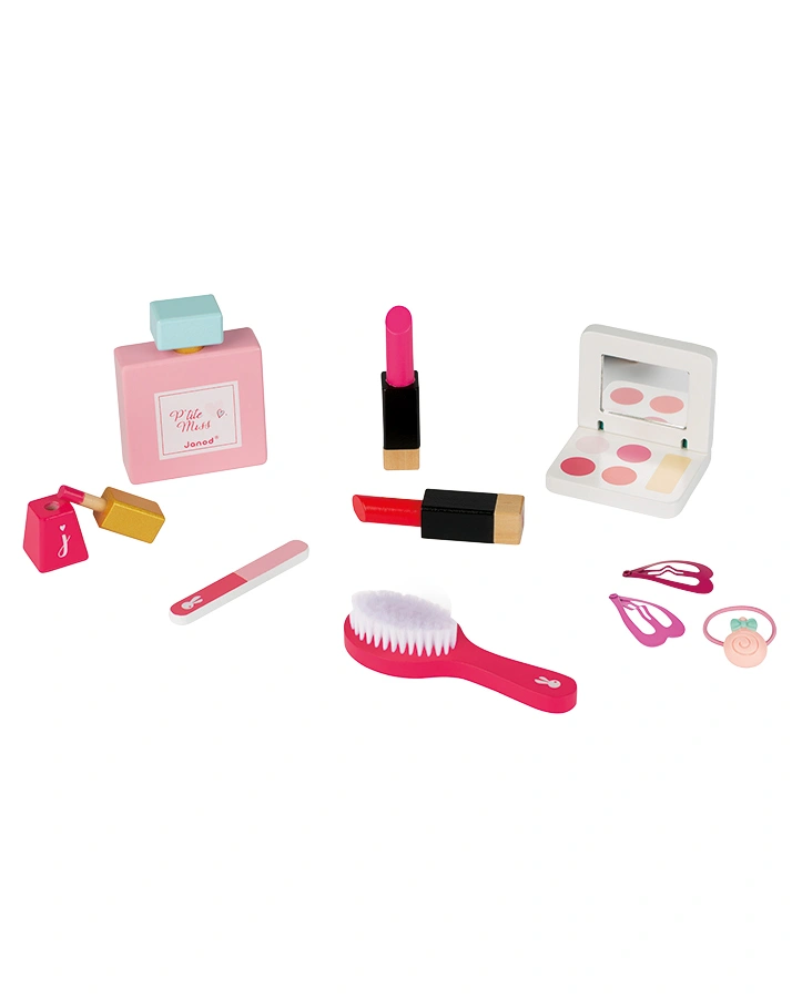 Schmink-und Frisiertisch LITTLE MISS mit Hocker und Zubehör in rosa/weiß
