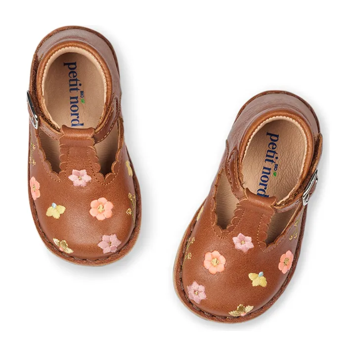 Petit Nord Babies T-Bar Brodées Fleurs - Collection Uniqua | Cognac