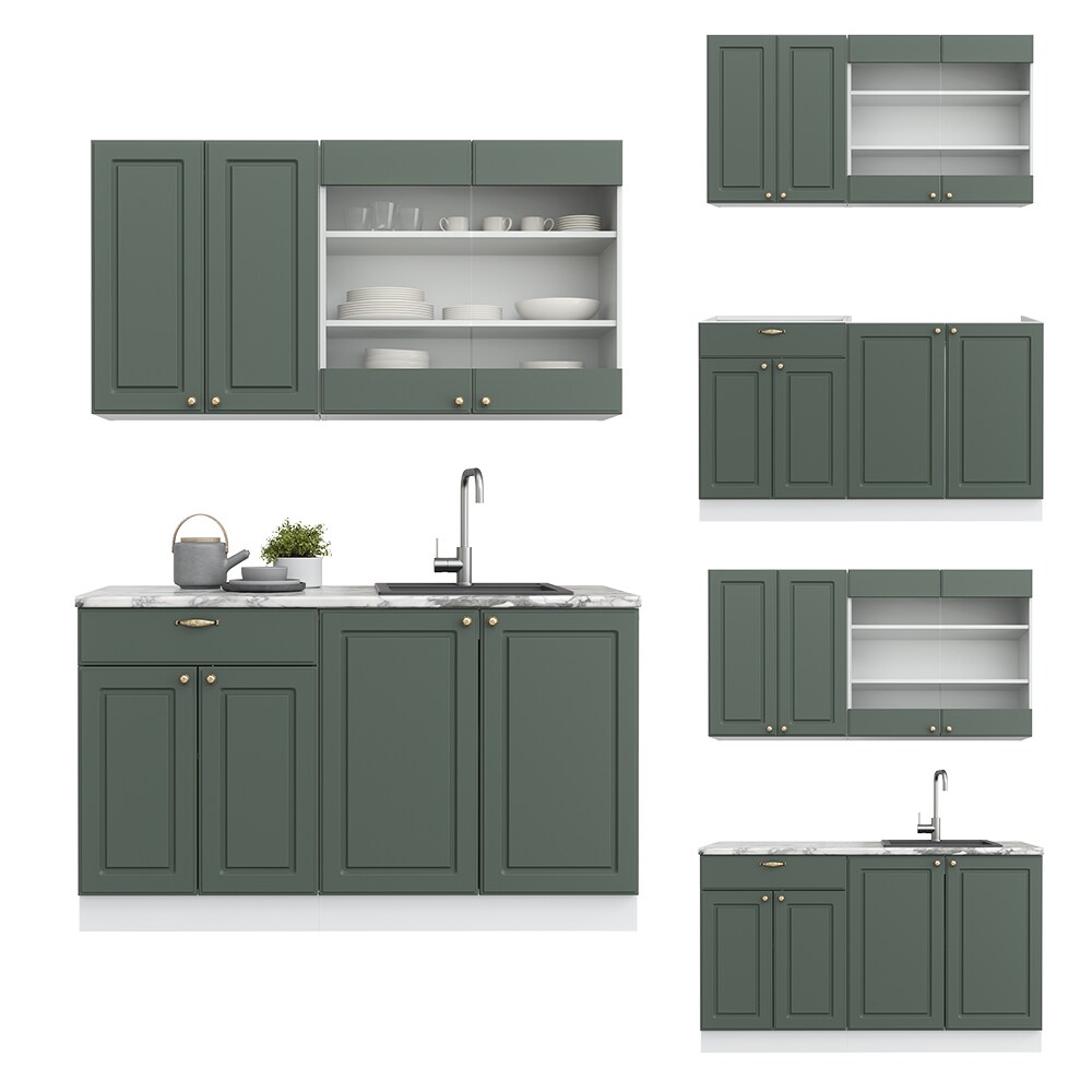 Vicco Küchenzeile Küchenblock Einbauküche Fame-Line Single Landhaus Weiß Grün Gold 140 cm modern Küchen Schränke Spülenunterschrank Schubunterschrank Hängeschrank Hängeglasschrank