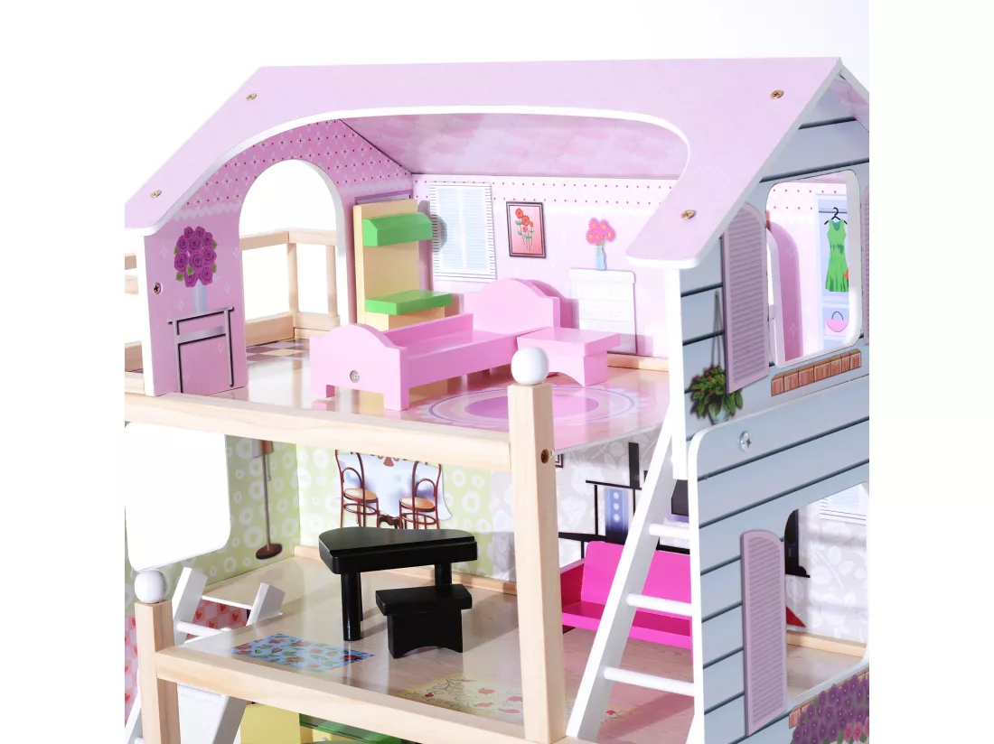 Maison de poupée en bois jeu d'imitation grand réalisme multi-équipement 60L x 30l x 80H cm blanc et rose