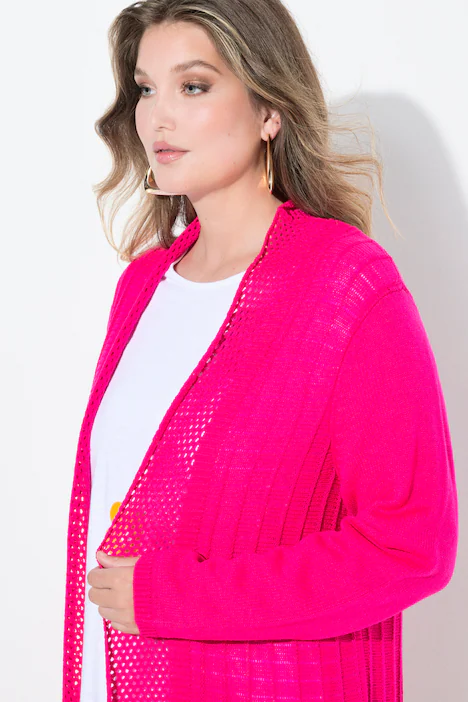 Strickjacke, längere A-Linie, Strukturmix, Wellensaum, neon berry