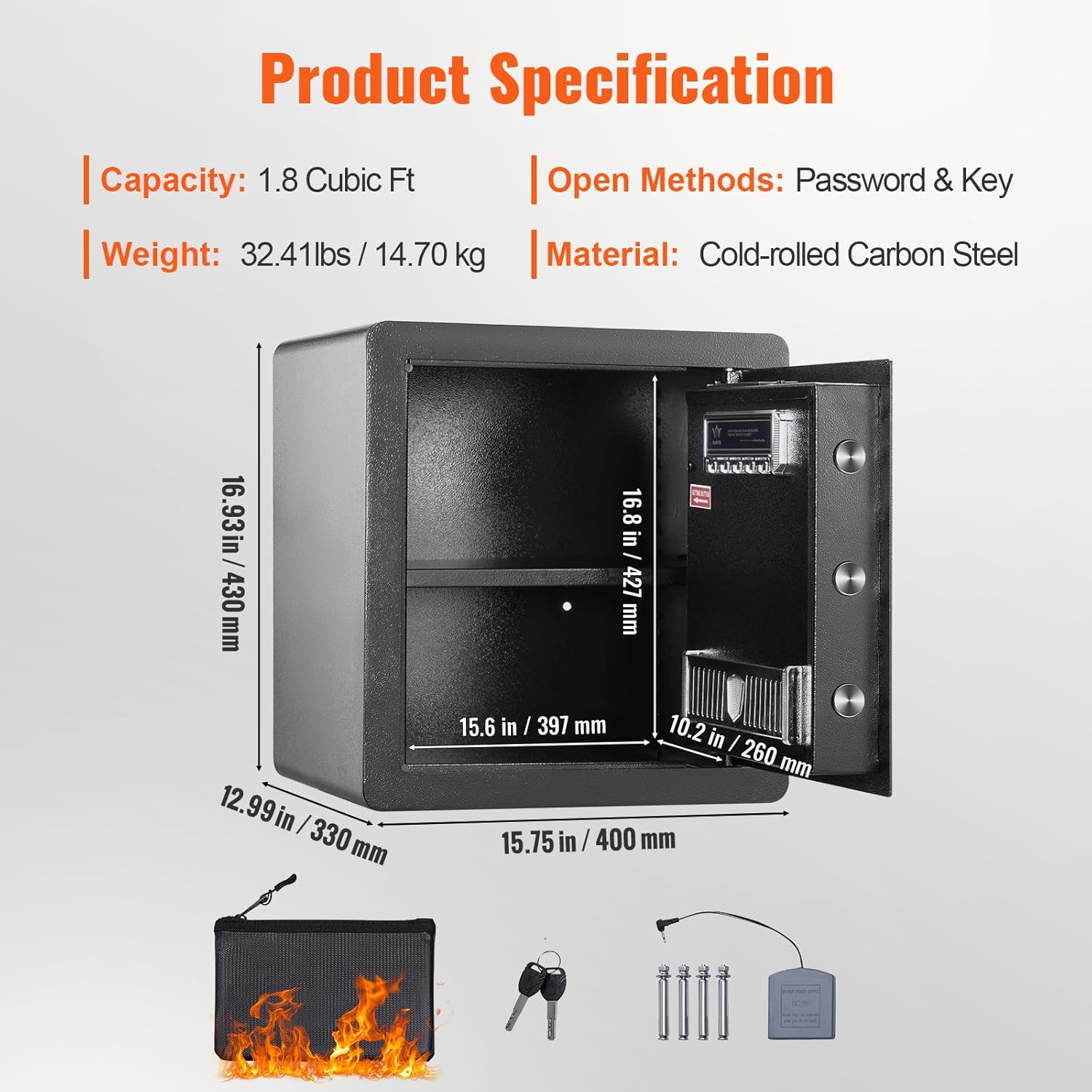 VEVOR Safe Tresor 1,8 Kubikfuß, Möbeltresor mit Feuerfester Geldtasche, Passwort & Schlüssel Digitaler Heimtresor Herausnehmbares Regal, Innenschrank, Wandtresor für Bargeld, Schmuck, Dokumente usw.