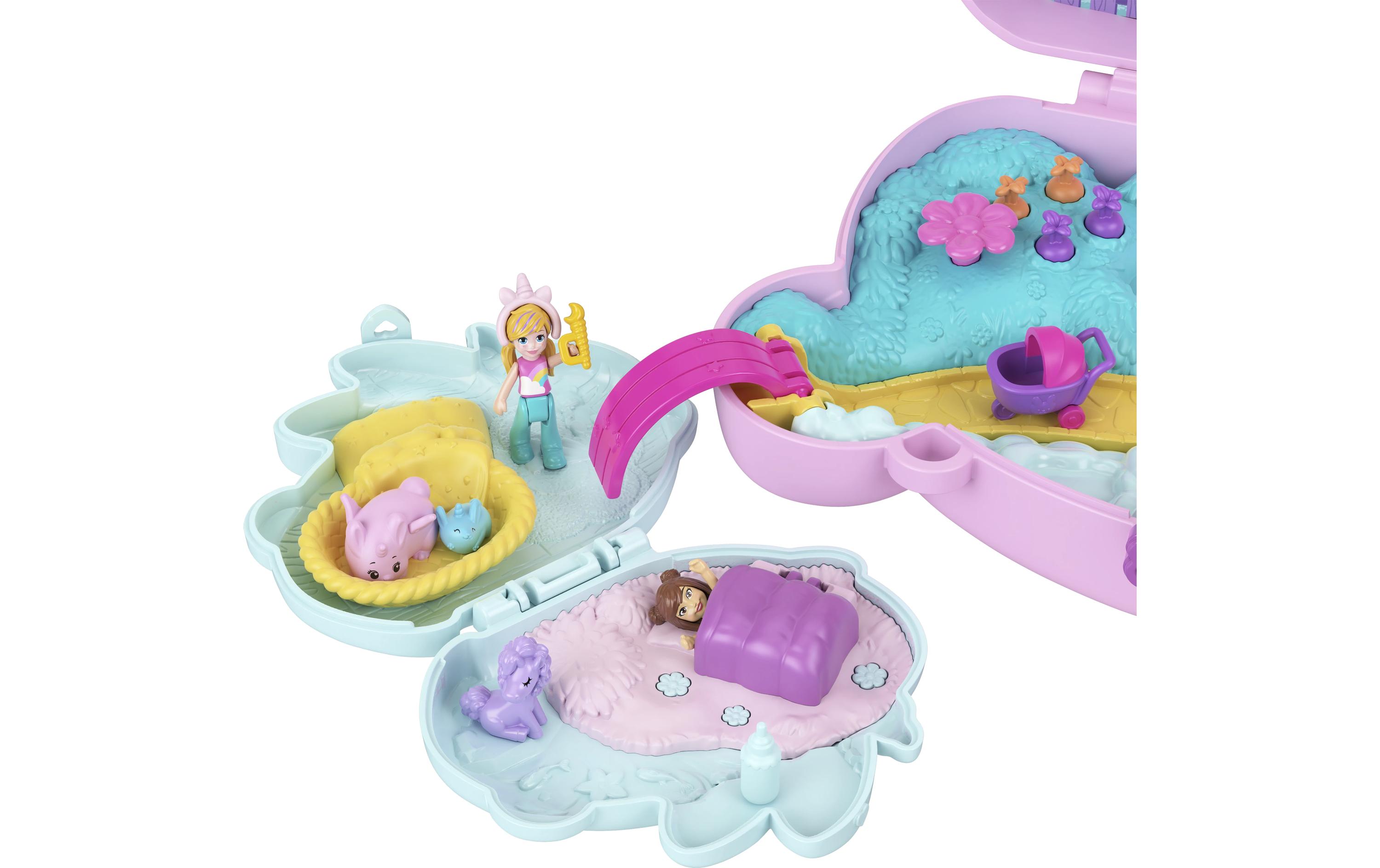 Baby und Mama Schatulle2-in-1-Bunny Fun Schatulle, tragbares Taschen-Spiel-Set mit 2 Puppen und 12 Zubehörteilen inklusive Tieren