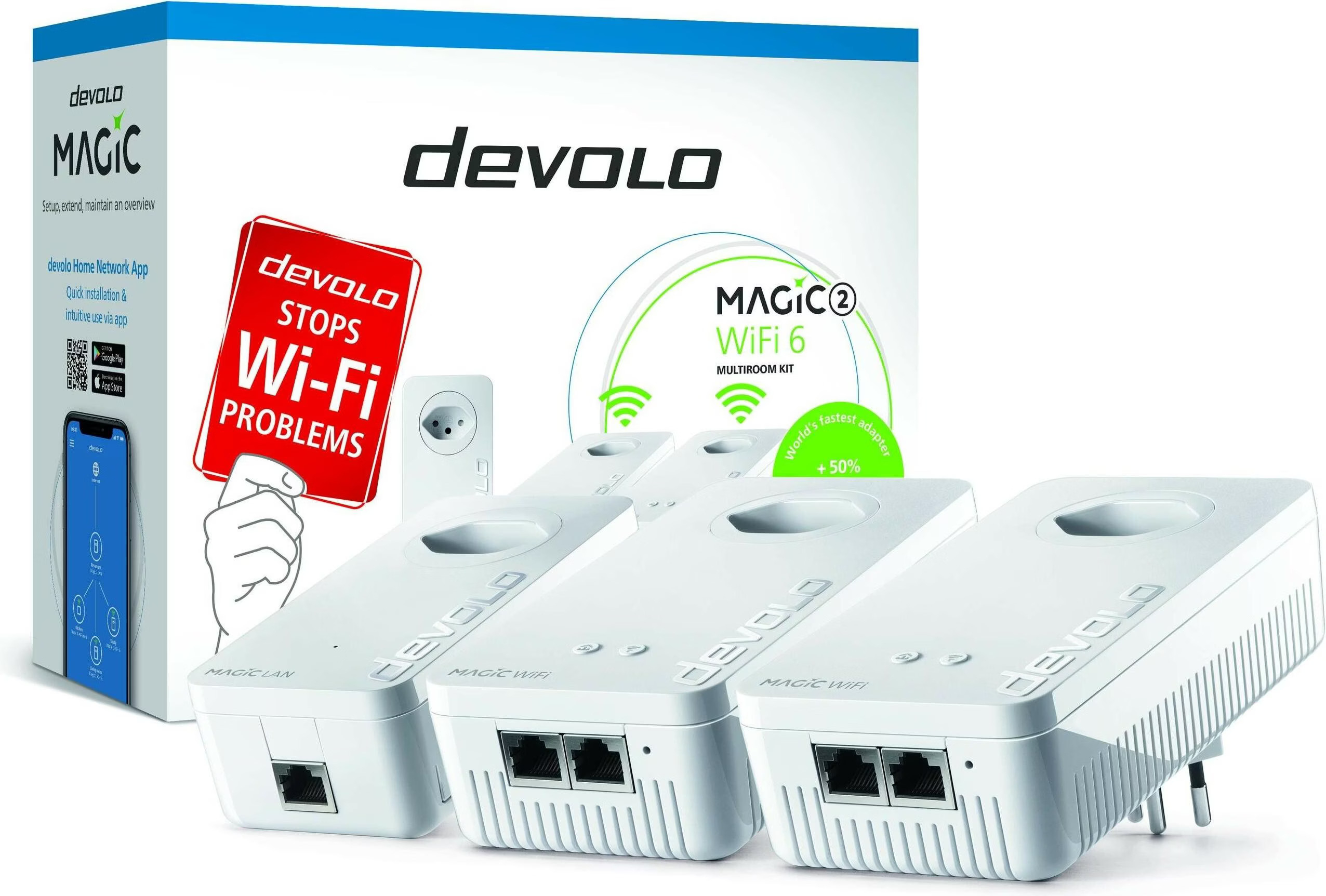 (3-tlg. Set) (2400Mbit/s) Magic 2 WiFi 6 next Multiroom Kit 2x WLAN Powerline Adapter mit RJ45   1x Magic LAN Adapter (7198) - Weiss