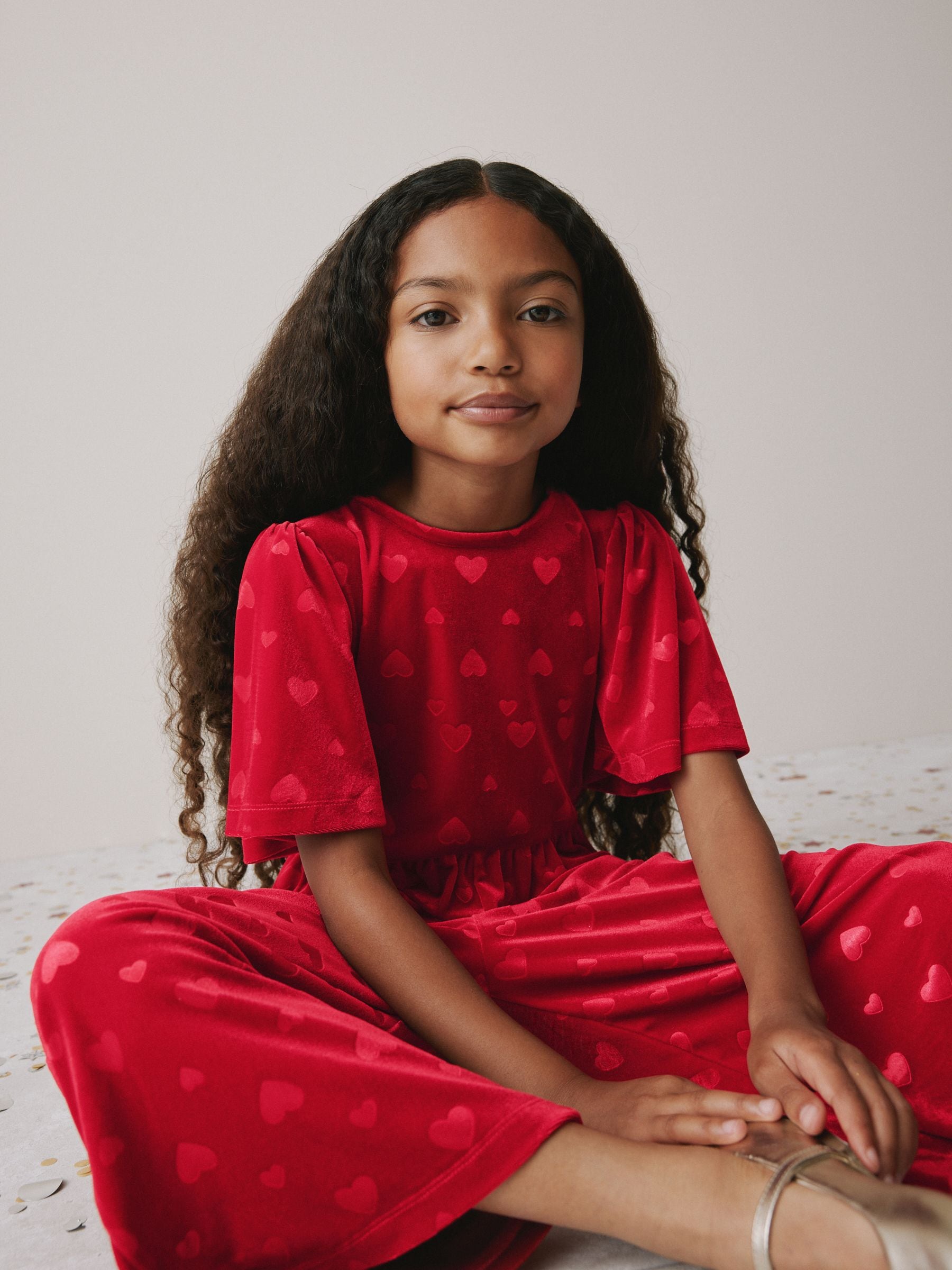 Rood - Heart Embossed Velour Jumpsuit (3-16yrs)
