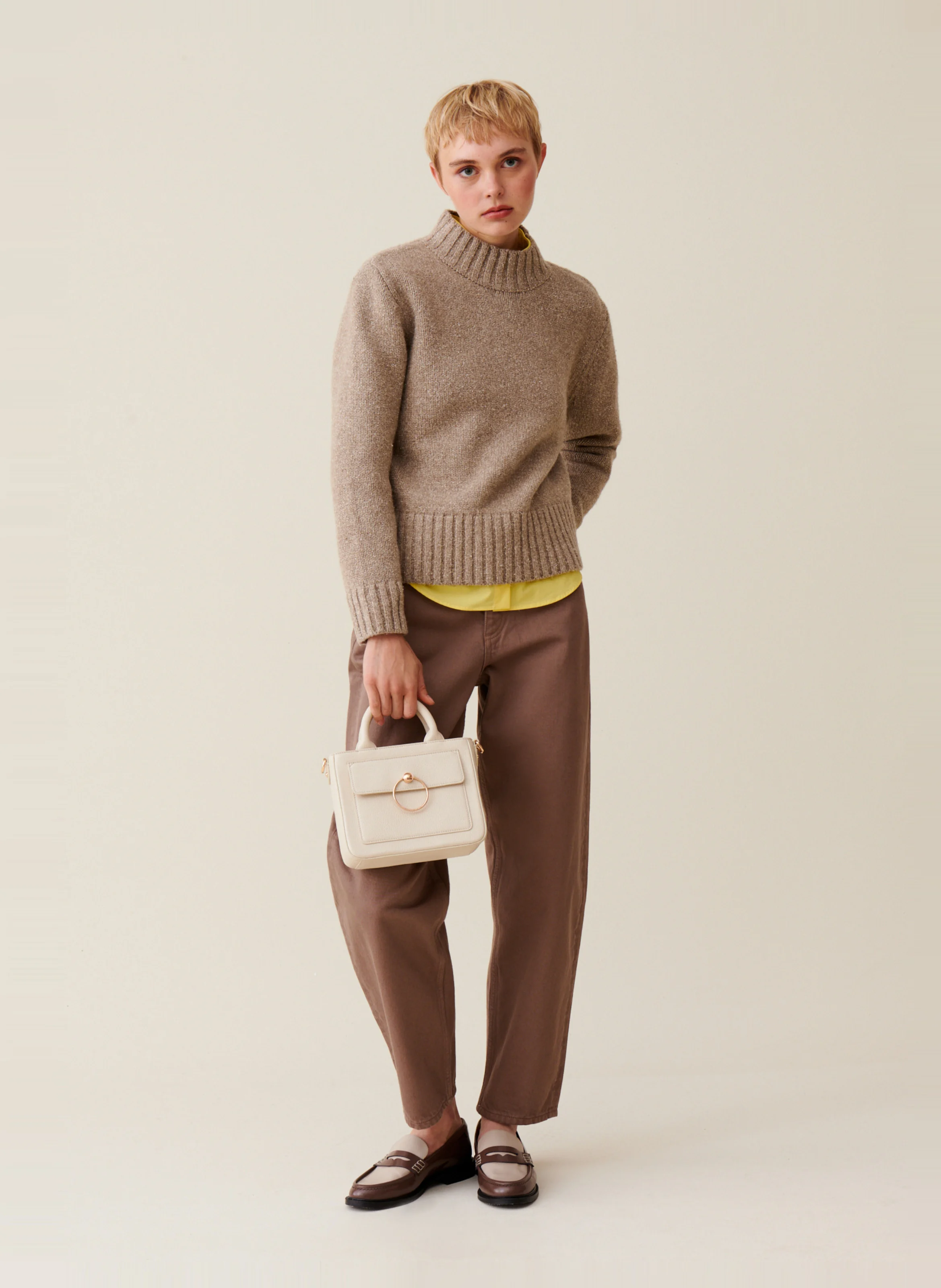 Pull col montant en laine et en soie mélangés | Beige