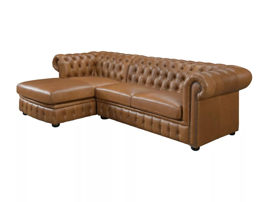 Canapé d'angle gauche chesterfield BRENTON 100% cuir de buffle premium - Caramel vintage