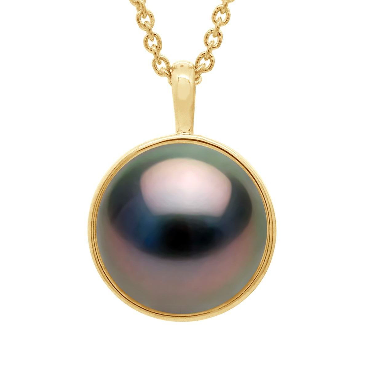 Collier Bélière Entourage Lisse - Véritable Perle de Culture de Tahiti Ronde 10-11 mm - Or Jaune