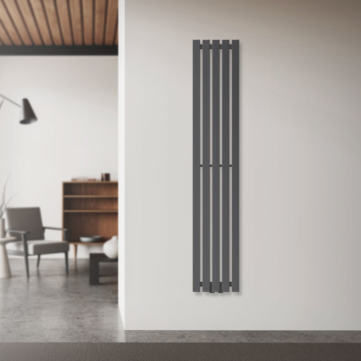 LuxeBath Stella designradiator, 1400 x 260 mm, antraciet, paneelradiator, middenaansluiting, enkellaags, vlak, verticaal, badkamerradiator, buisradiator, vlakke radiator, badkamerverwarming, badkamerwandverwarming