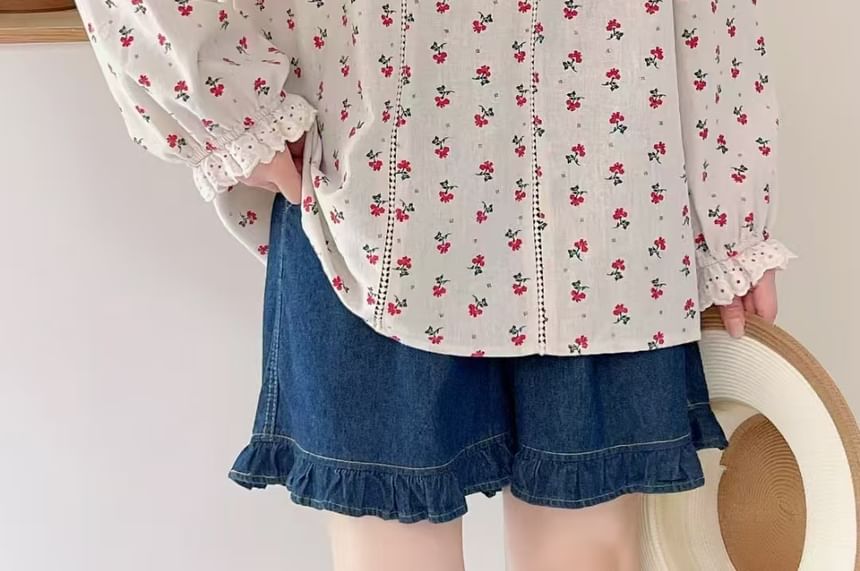 Aigan - Blouse met pofmouwen en bloemenkant