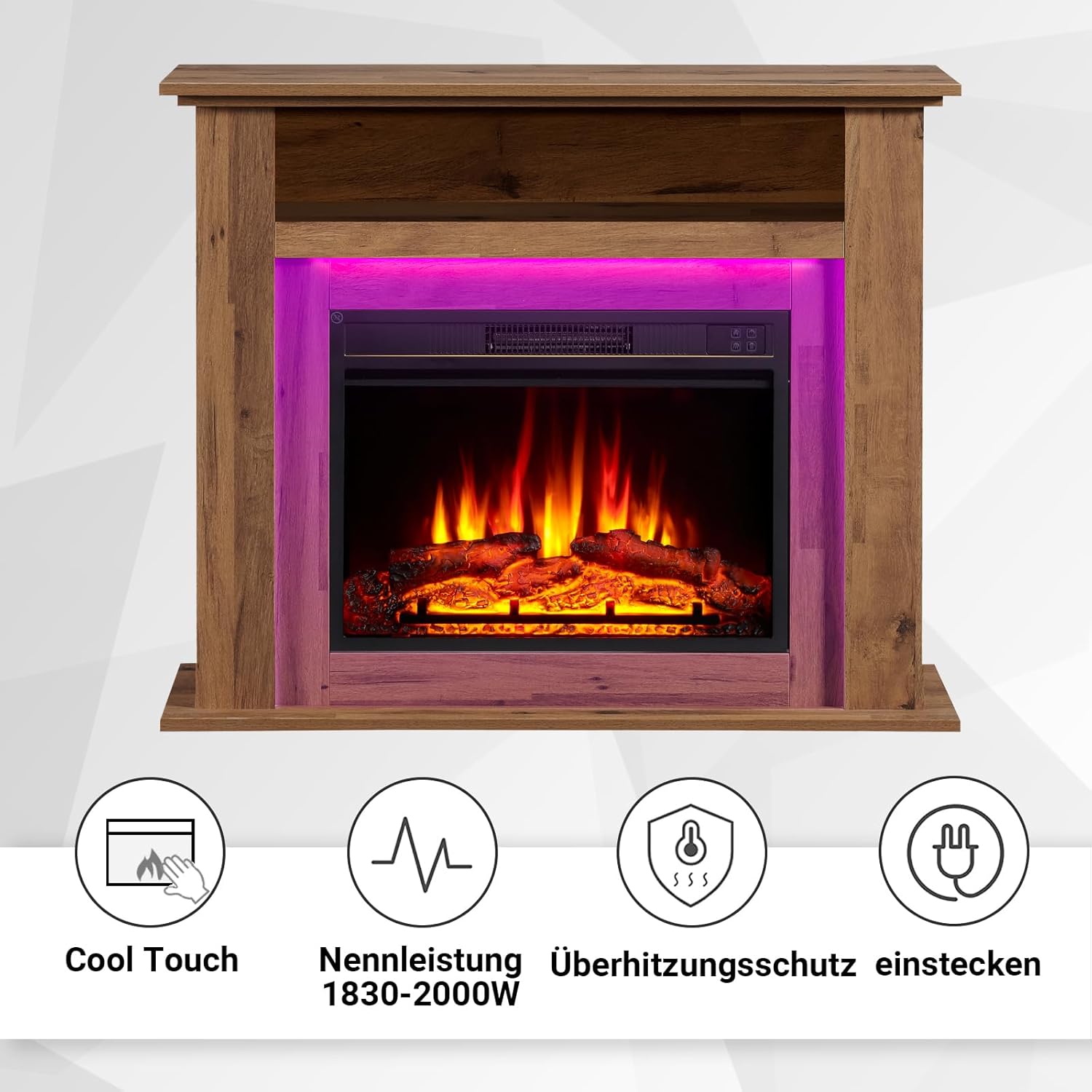Elektrokamin BALDERIA Liora - Elektrischer Standkamin mit Ablagefach, 3D-Flammeneffekt, LED-Ambientebeleuchtung, Heizung 2000W, Timer, Thermostat, Fernbedienung - Dunkle Eiche