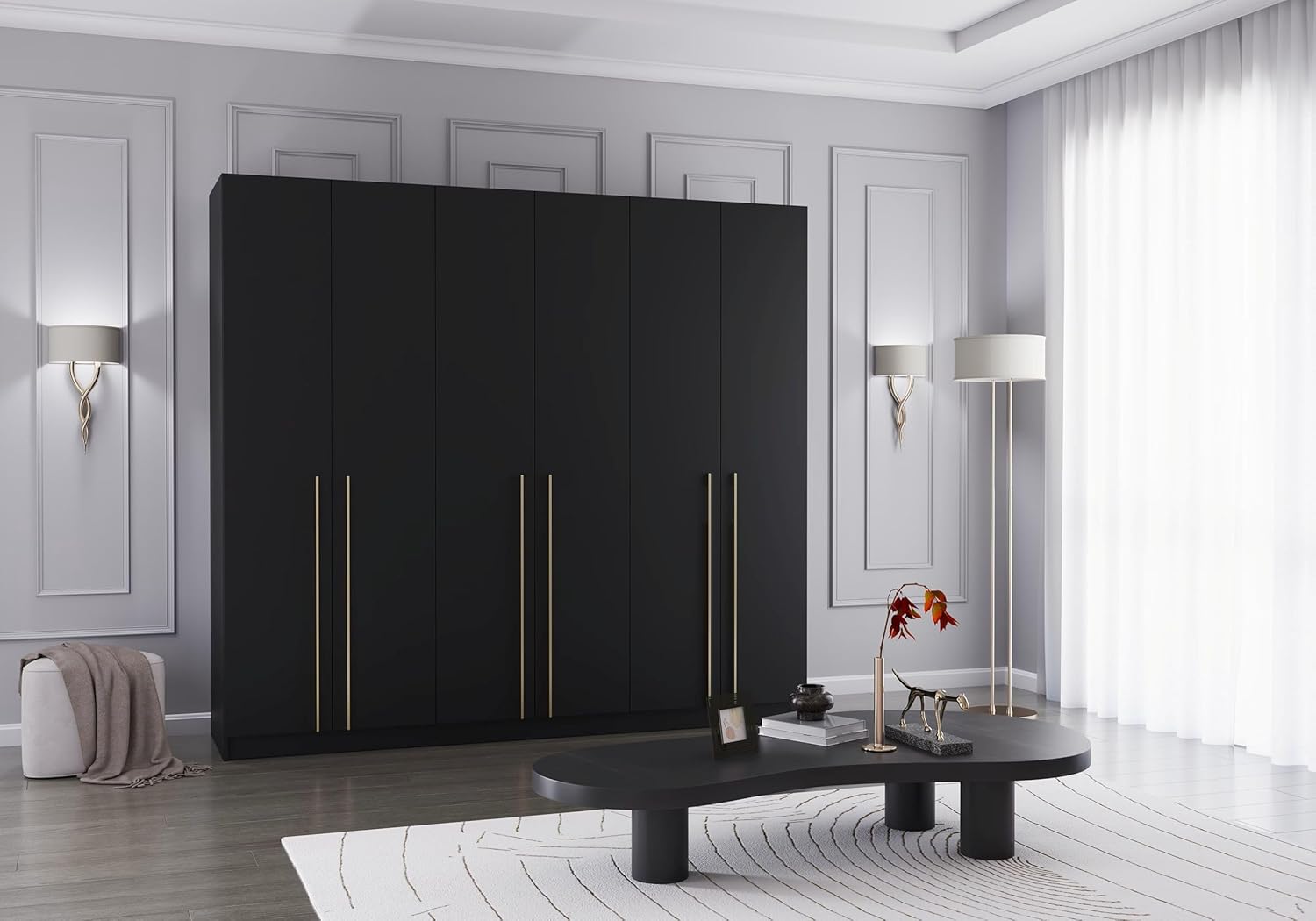 Fabryka Mebli Idźczak Drehtürenschrank, Kleiderschrank - Schlafzimmerschrank - 57 x 230 x 210 cm - Wohnzimmerschrank, Garderobenschrank, Schrank mit Einlegeböden und Zwei Kleiderstangen - Schwarz