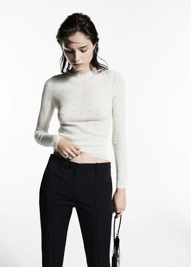 MANGO Rhinestone detail ribbed sweater Light beige