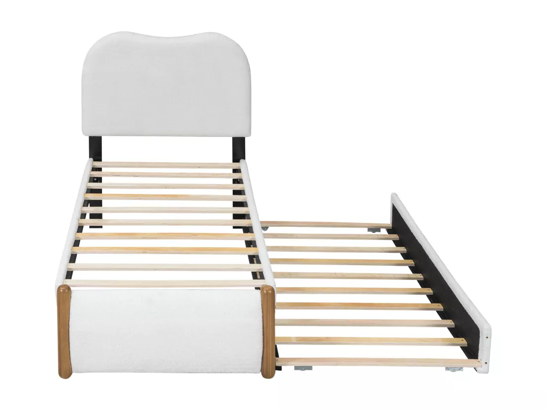 Lit rembourré en peluche 90x200cm - avec lit gigogne coulissant 90x190cm - avec sommier à lattes en MDF - Blanc