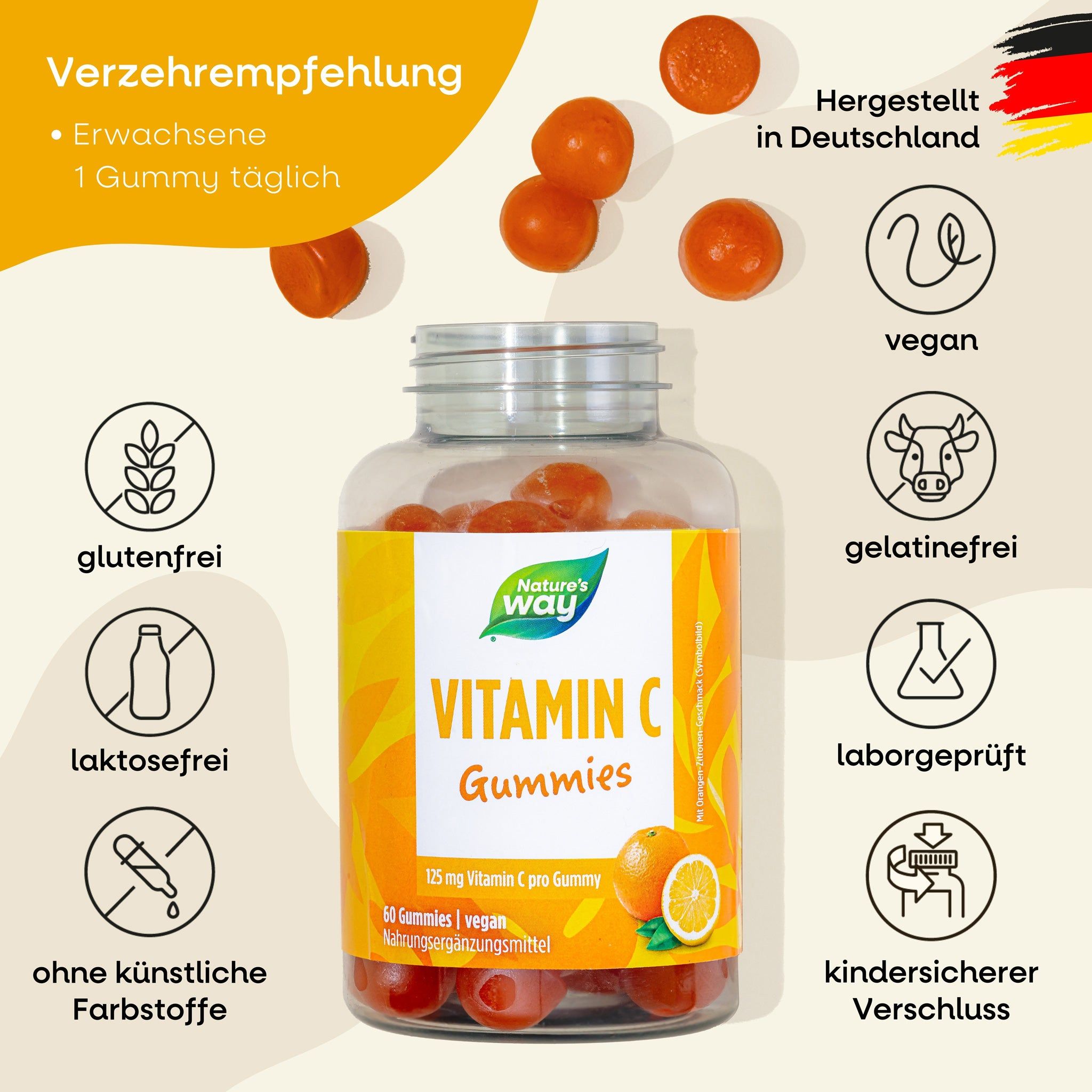 Nature's Way Vitamin C Gummies - Hochdosiert mit 125 mg je Stück, Vitamin C für Kollagenbildung