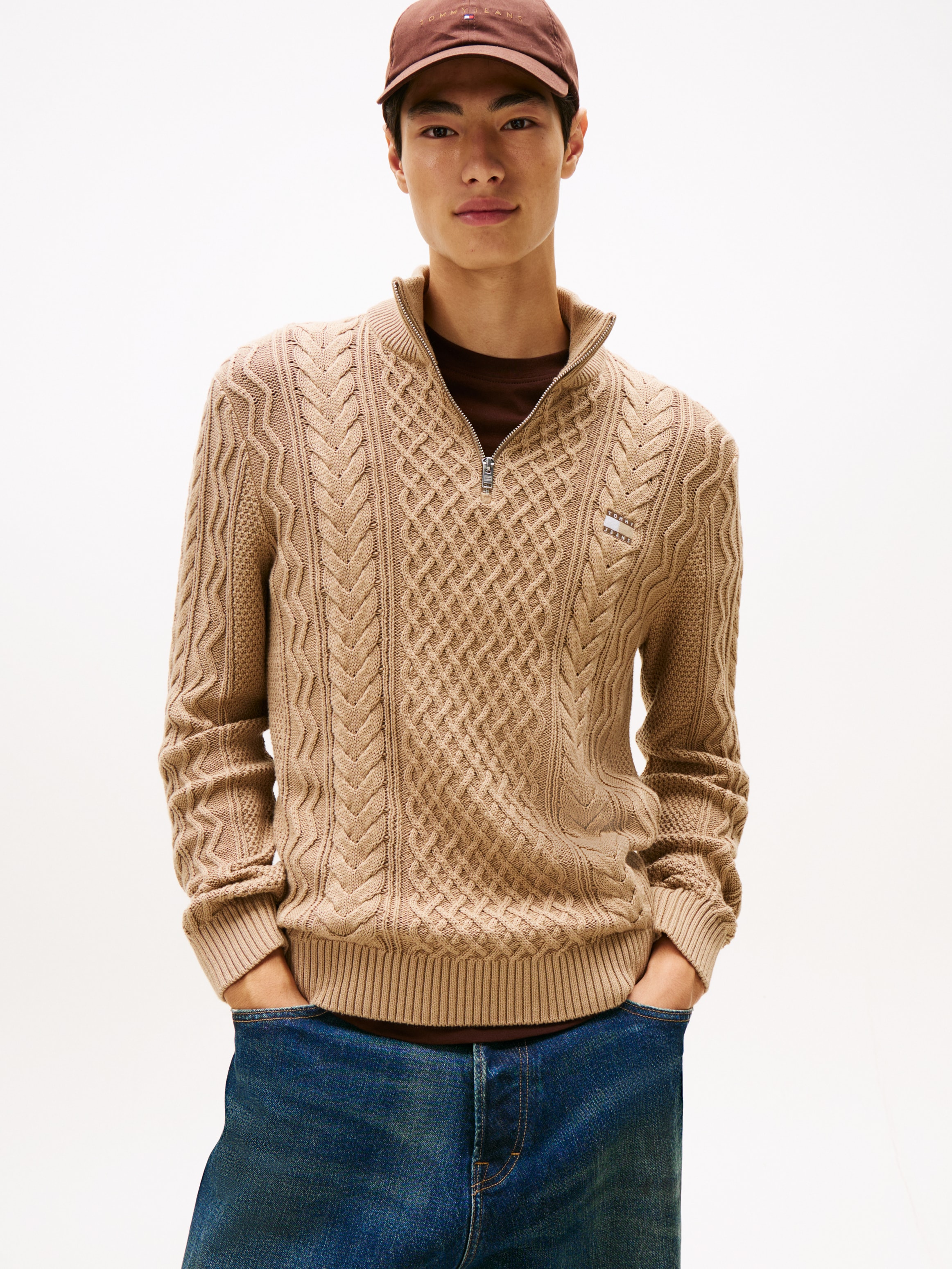 Tommy Jeans Strickpullover , Troyer-Kragen mit Reissverschluss, slim fit, Zopfstrick-Muster
