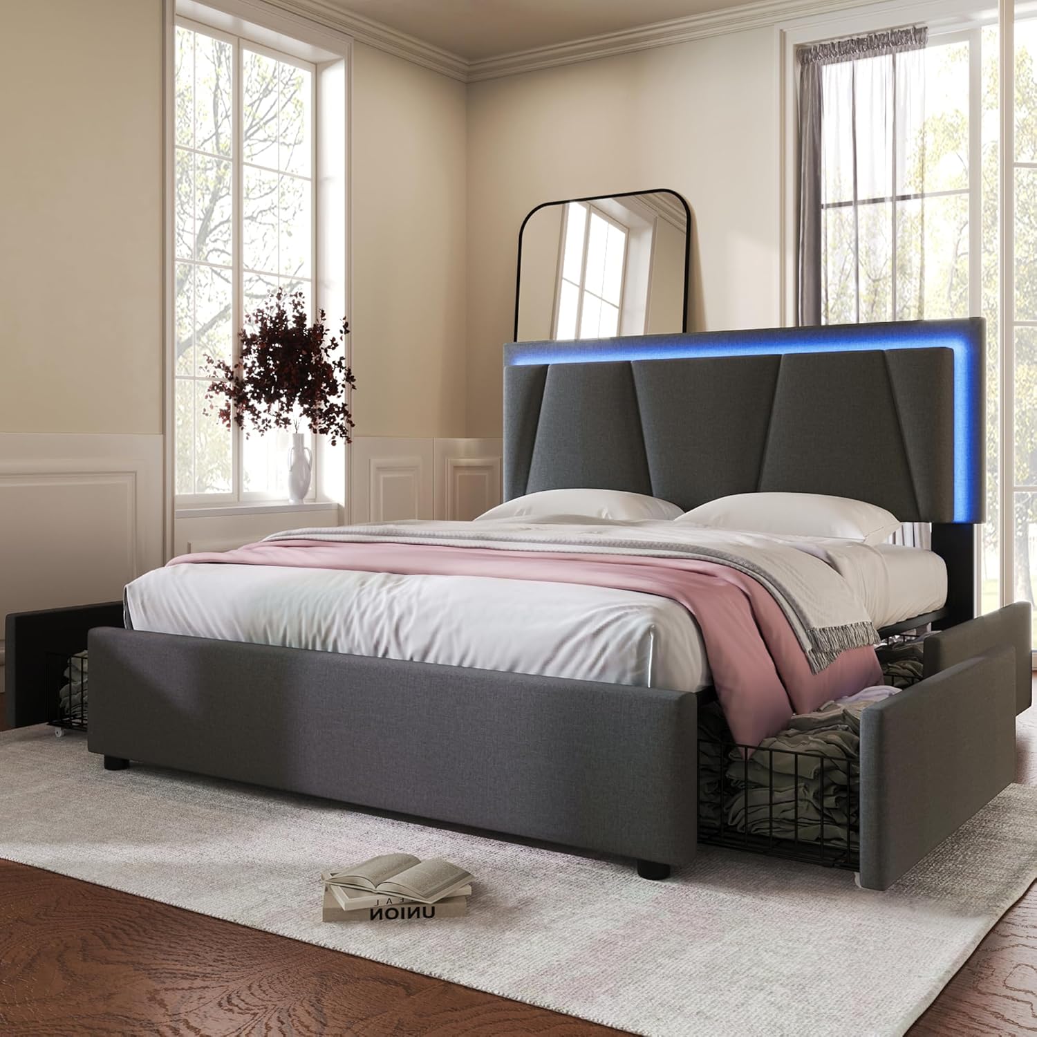Merax Polsterbett 140x200cm mit LED-Beleuchtung und 4 Schubladen, Doppelbett Bettgestell mit Lattenrost und Höhenverstellbarem Kopfteil, Stauraumbetten, Leinenmaterial, Jugendbett,ohne Matratze,Grau
