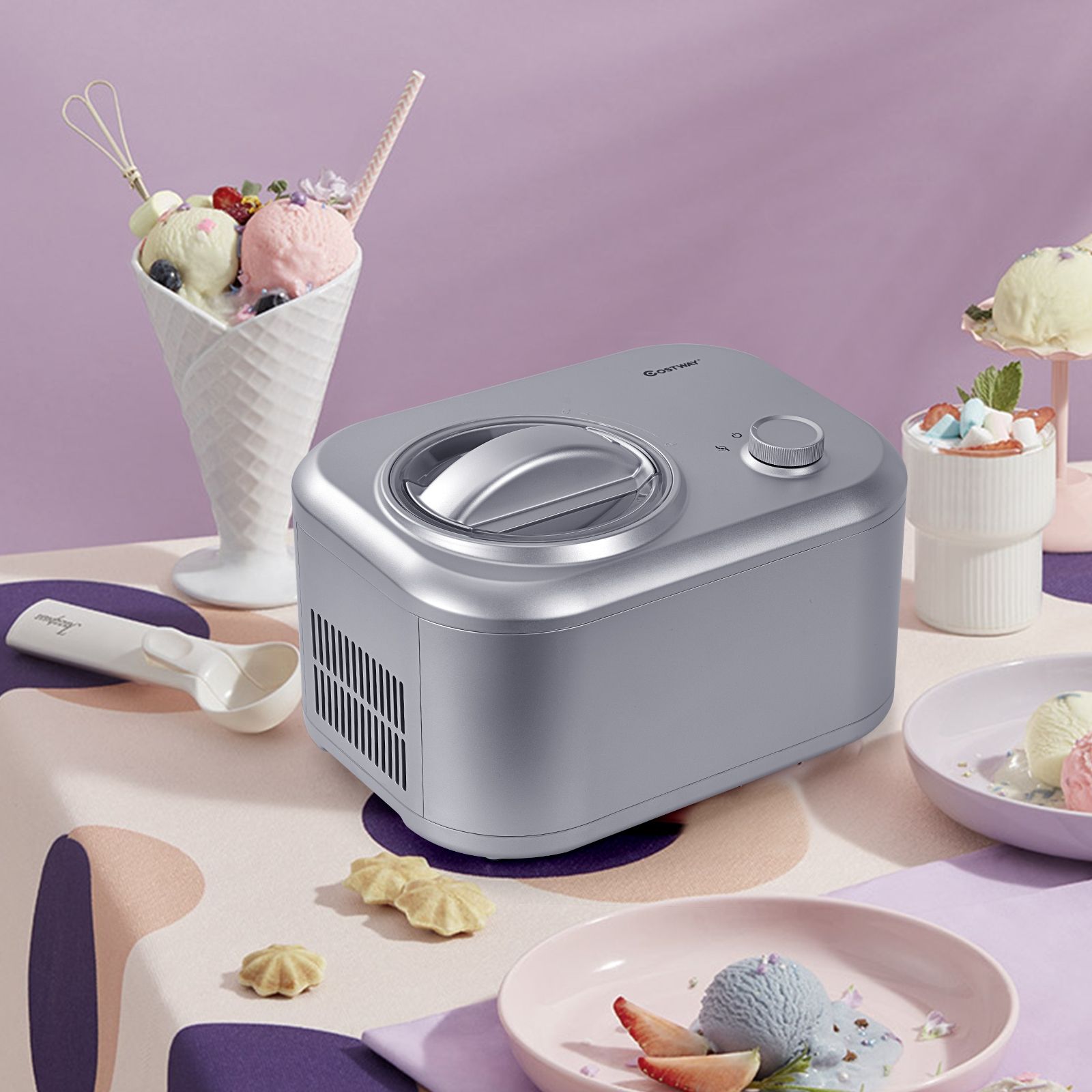 Sorbetière Turbine à Glace 1L Puissance 100W à Compresseur avec Cuillère 3 Modes de Fonctionnement Argent - Lidl-Manfred