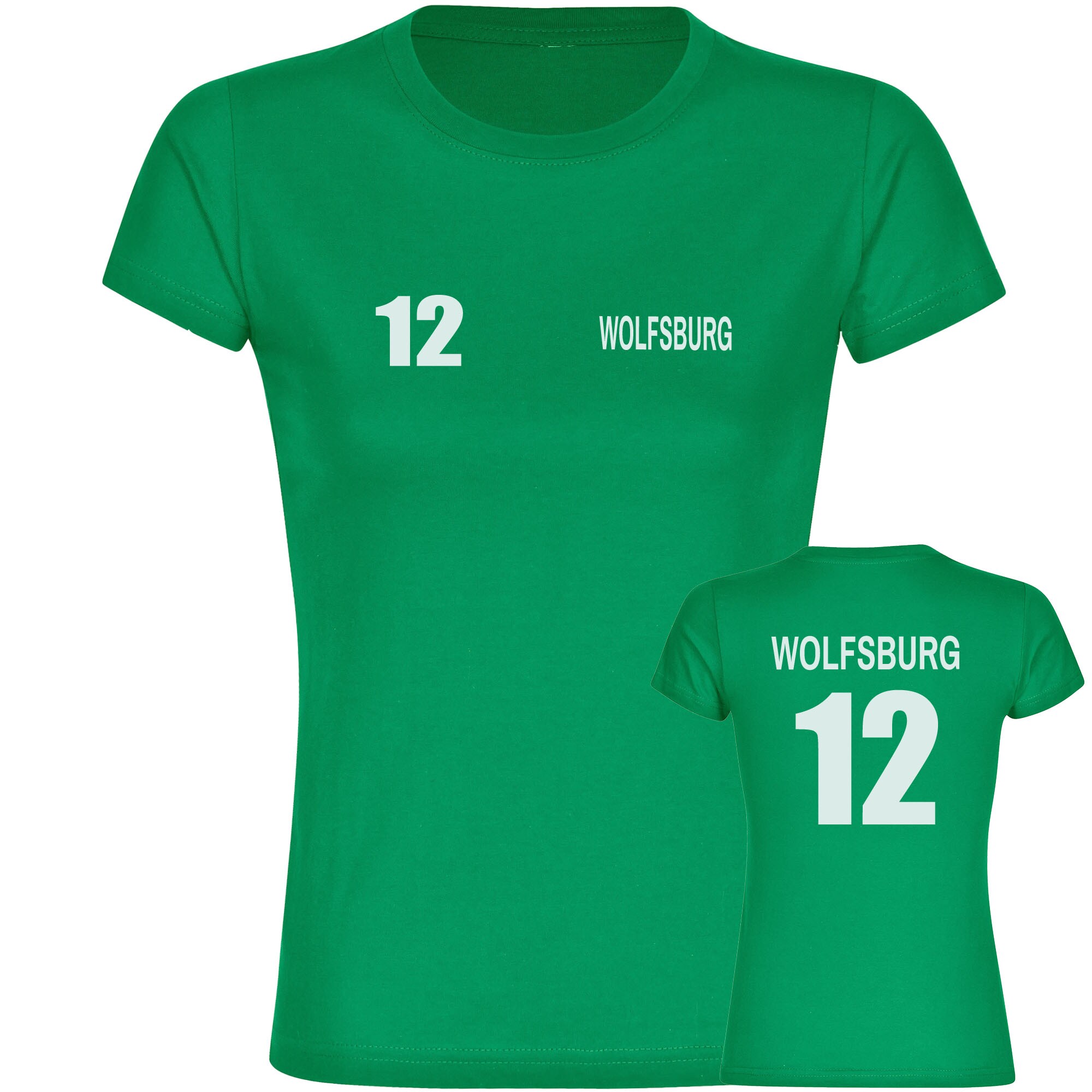multifanshop® Damen T-Shirt - Wolfsburg - Trikot Nummer 12 - Druck weiß