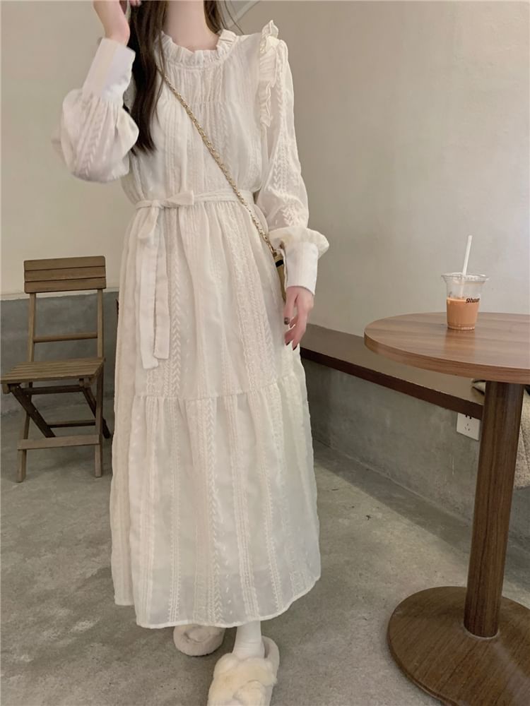 DiBi - Lange mouwen ronde hals effen geborduurde chiffon maxi A-lijn jurk