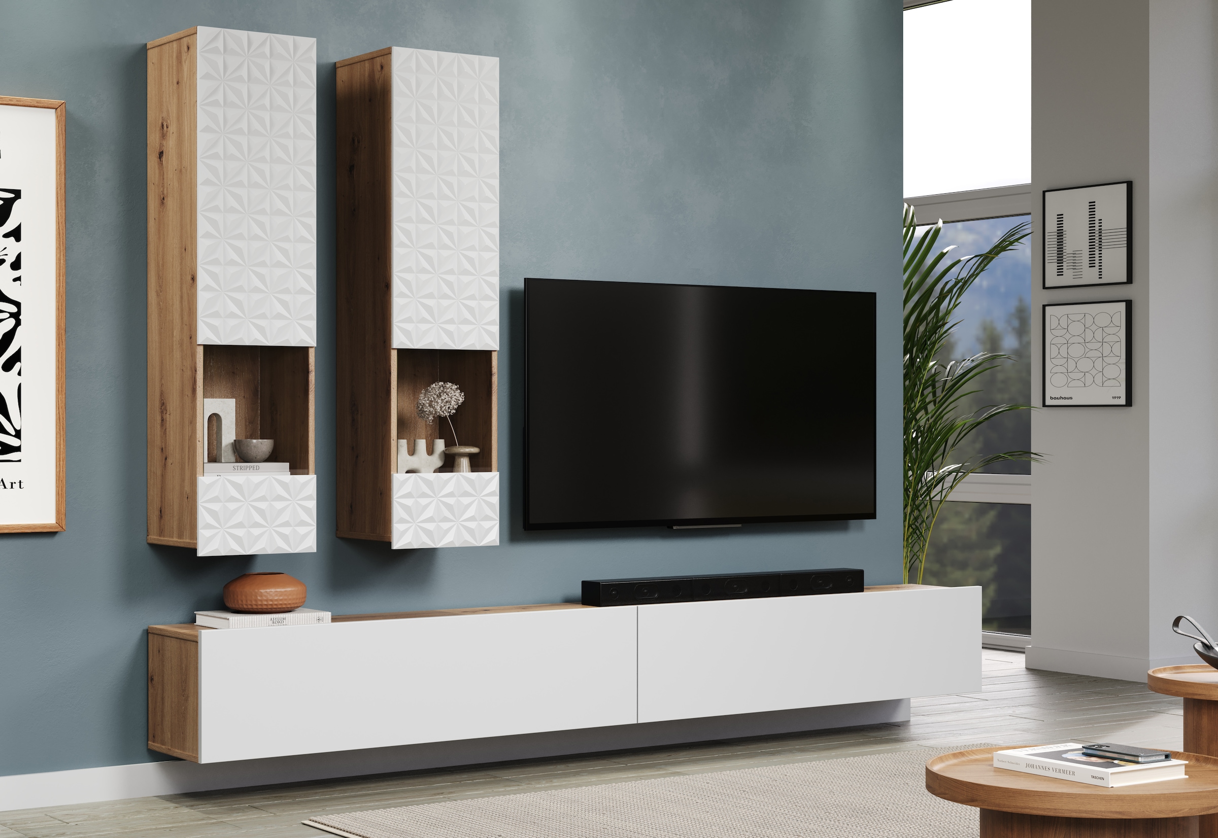 INOSIGN Wohnwand »Rezzo, 2 Hängevitrinen mit Relief-Front, 2 Lowboards je Br. 120 cm« Komplett-Set, 4 Stk. tlg.