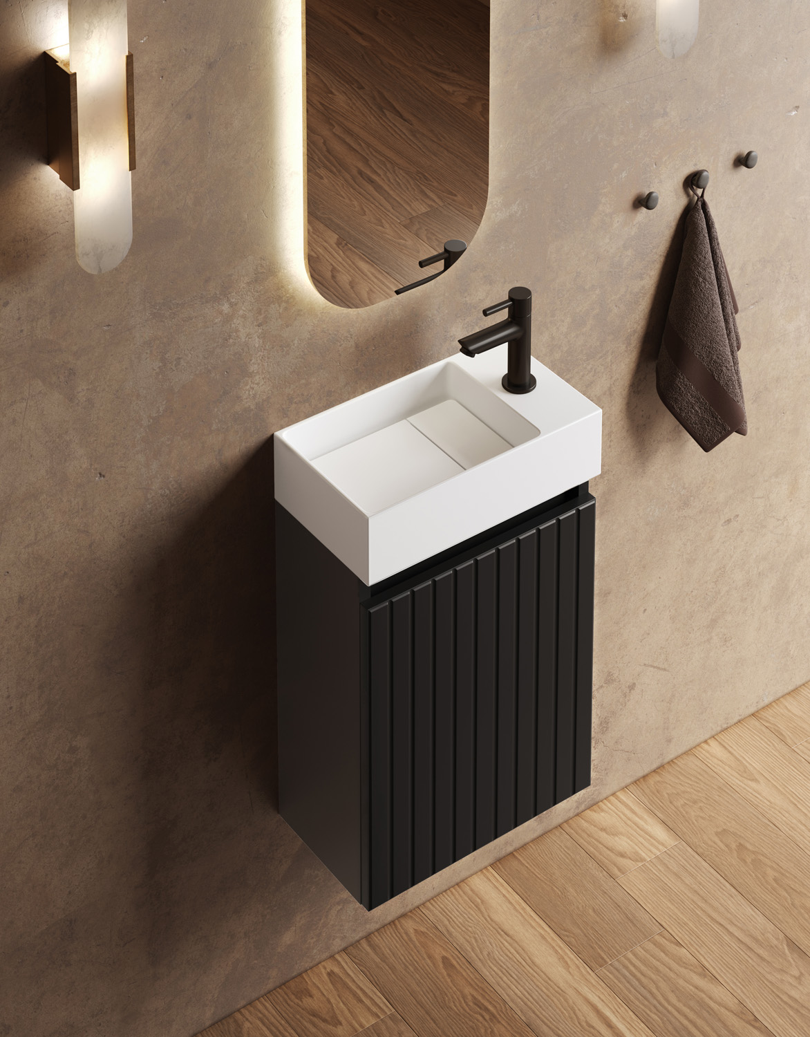 Fontana Itsie toiletmeubel mat zwart ribbelfront 40cm met fontein in glans wit