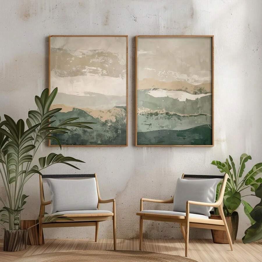 Wabi Sabi abstrakte Wandkunst Poster Set mit 2 Postern, Beige Grün Abstrakte Kunst, Neutrale minimalistische moderne beruhigende Wohnzimmerdekoration (50x70cmx2/Rahmen)