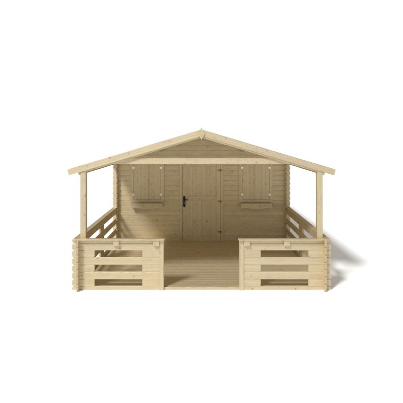 Abri de jardin en bois - 4x3 m - 20 m2 + terrasse avec balustrade et avant-toit en bois