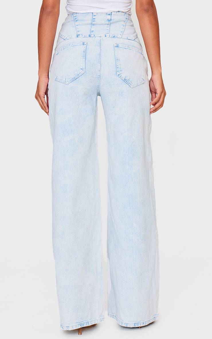 Light Blue Acid Wash Jean Taille Corset Détails De Coutures Délavage Acide