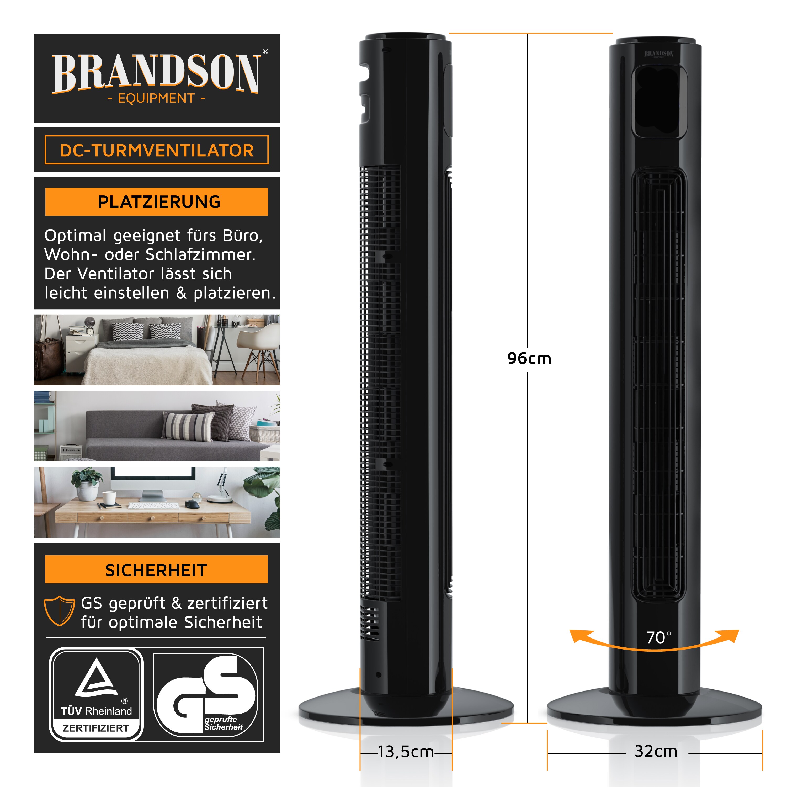 Brandson Turmventilator, 12 Geschwindigkeitenstufen, DC-Motor, ECO Modus, Standventilator Ventilator, Timer + 4 Betriebsmodi + inkl. Fernbedienung