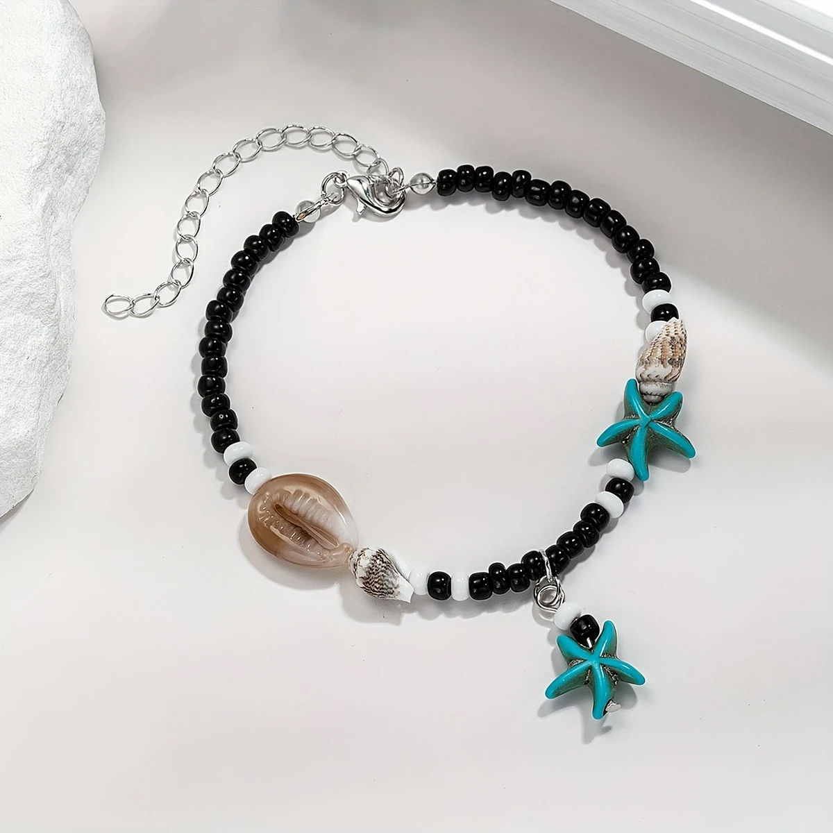 (210-280mm) Perlen Fusskette Muschel Modeschmuck Sommer Anklet Boho Fuss Kettchen mit Seestern Anhänger - Schwarz / Blau