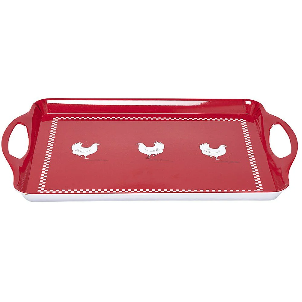 Plateau rectangulaire design poule mélaminé rouge et blanc