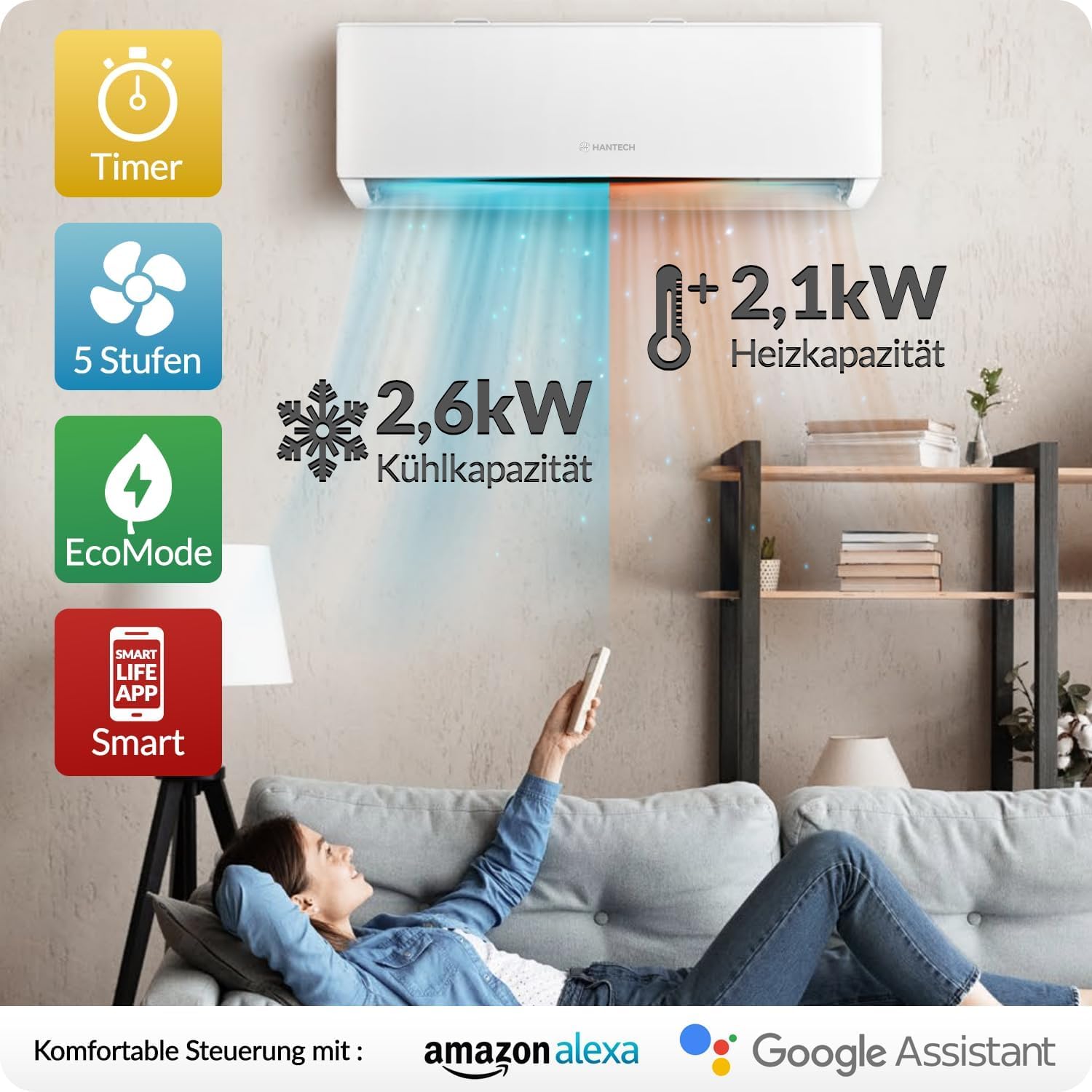 Split Klimaanlage 9000 BTU (bis 35m²) HANTECH H-PRO Heiz-&Kühlfunktion, Luftfilter, WIFI, Montagematerial weiß