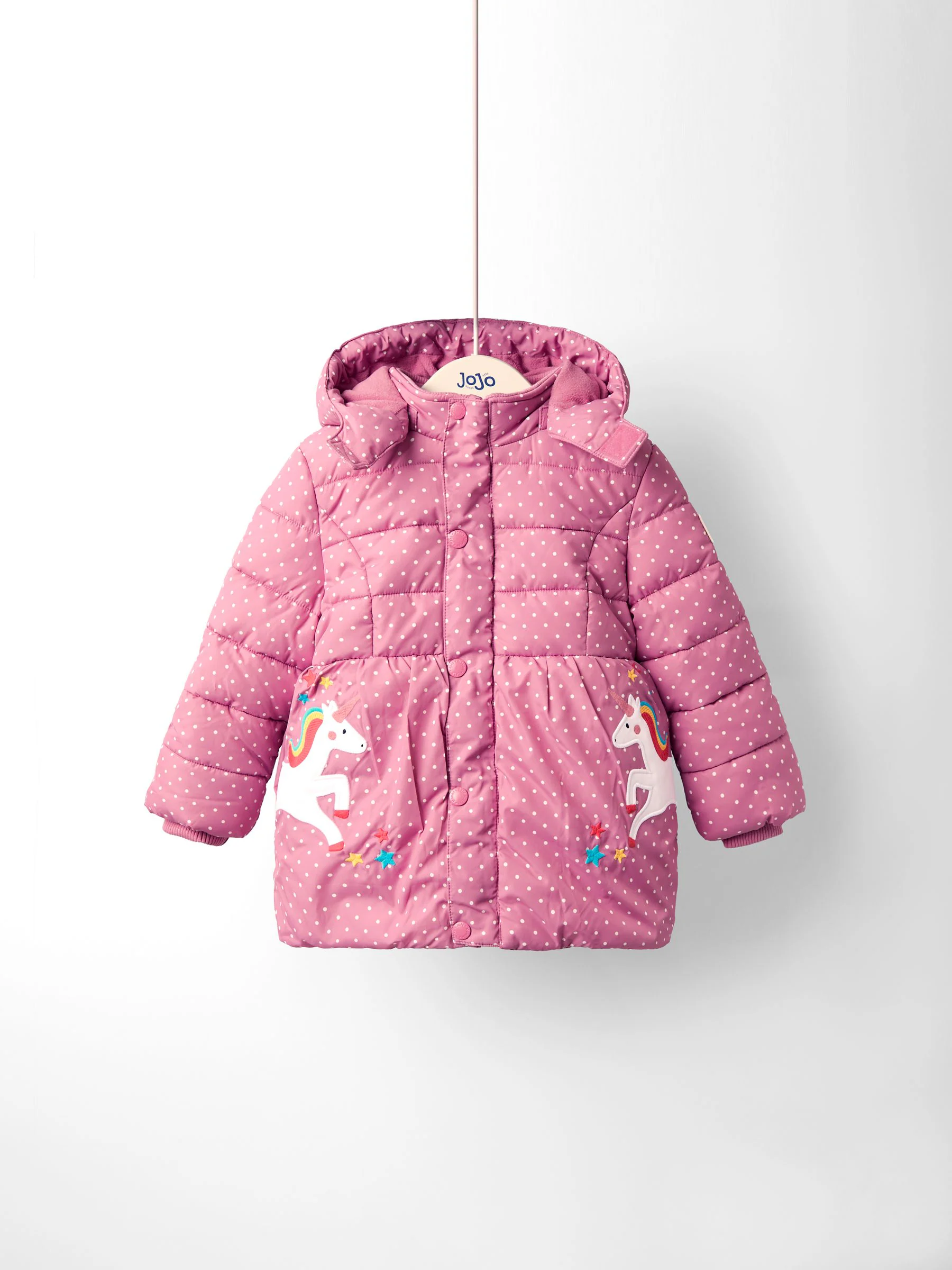 Roze met eenhoornprint - JoJo Maman Bébé gewatteerde jas met fleecevoering