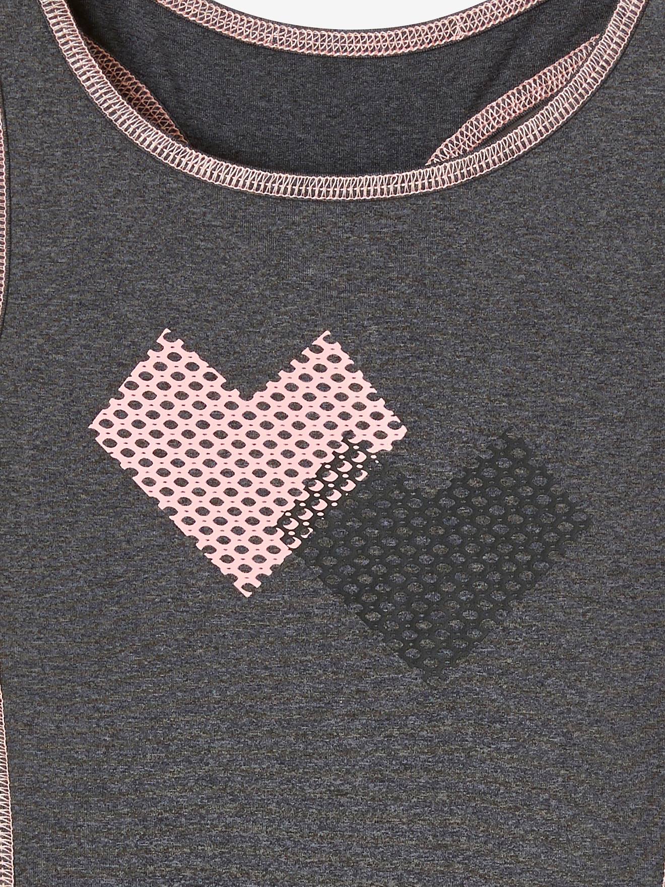 Conjunto esportivo feminino em tecido técnico mesclado cinza escuro, composto por blusa sem mangas e calça legging.