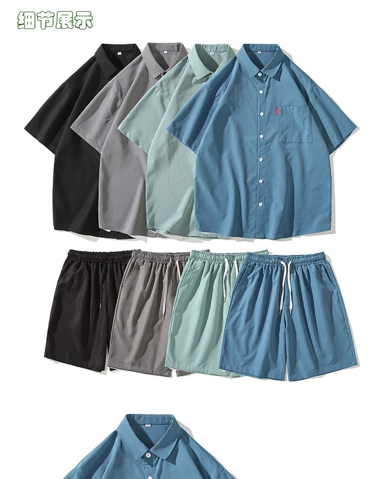 Blueforce - Set: Kortmouw overhemd met kraag en effen kleur + Shorts met trekkoord in de taille