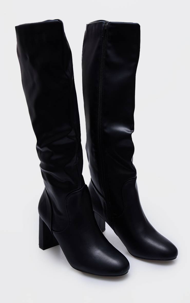 Noir Bottes Hautes À Bout Rond En Synthétiquecuir Avec Détails De Coutures Et Talon Bloc Haut