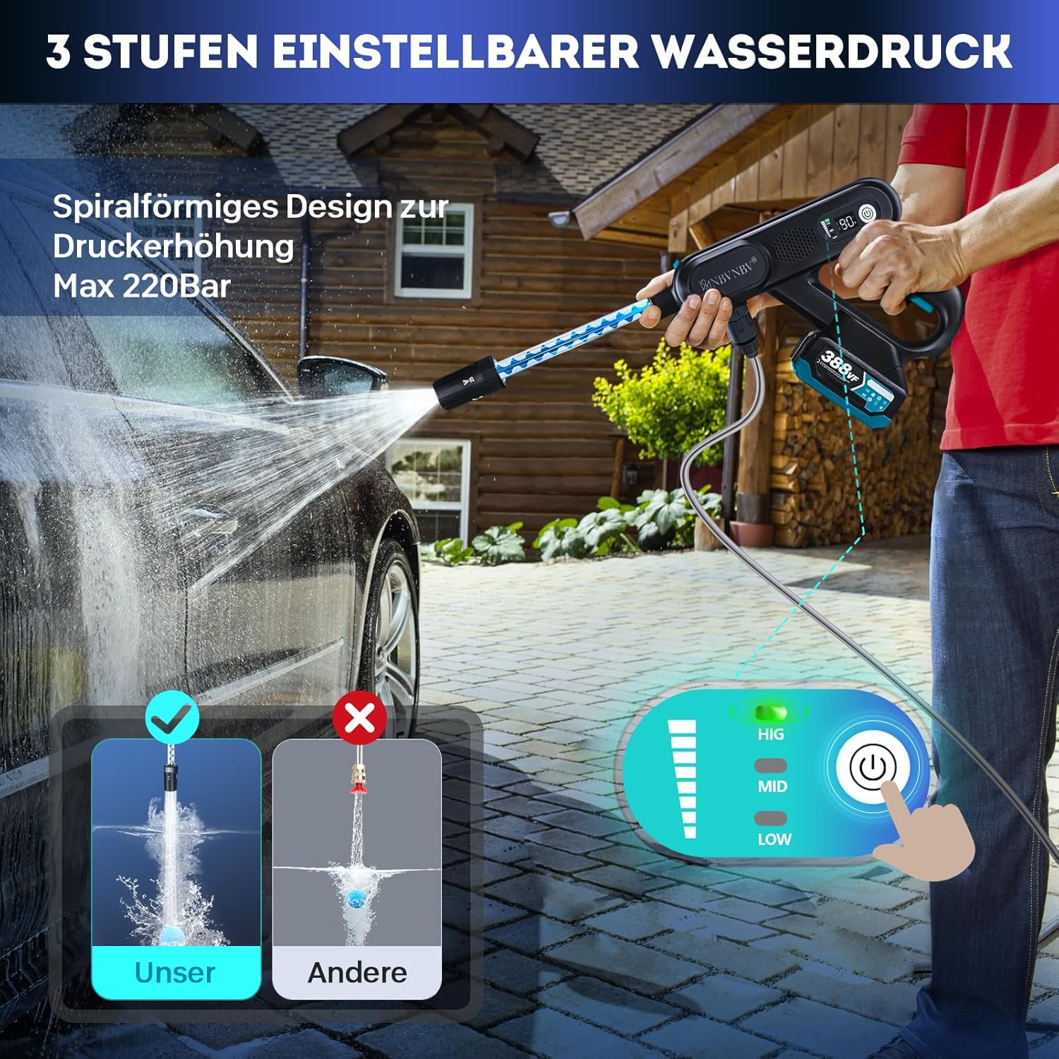 Akku Hochdruckreiniger für Makita 18V Akku, 3-Stufiger Max 220 Bar | 5-IN-1Spirale Druck Erhöhen Düse Mobile Hochdruckreiniger Akku | 5m Schlauch (Schwarz Mit 2 Batterie)