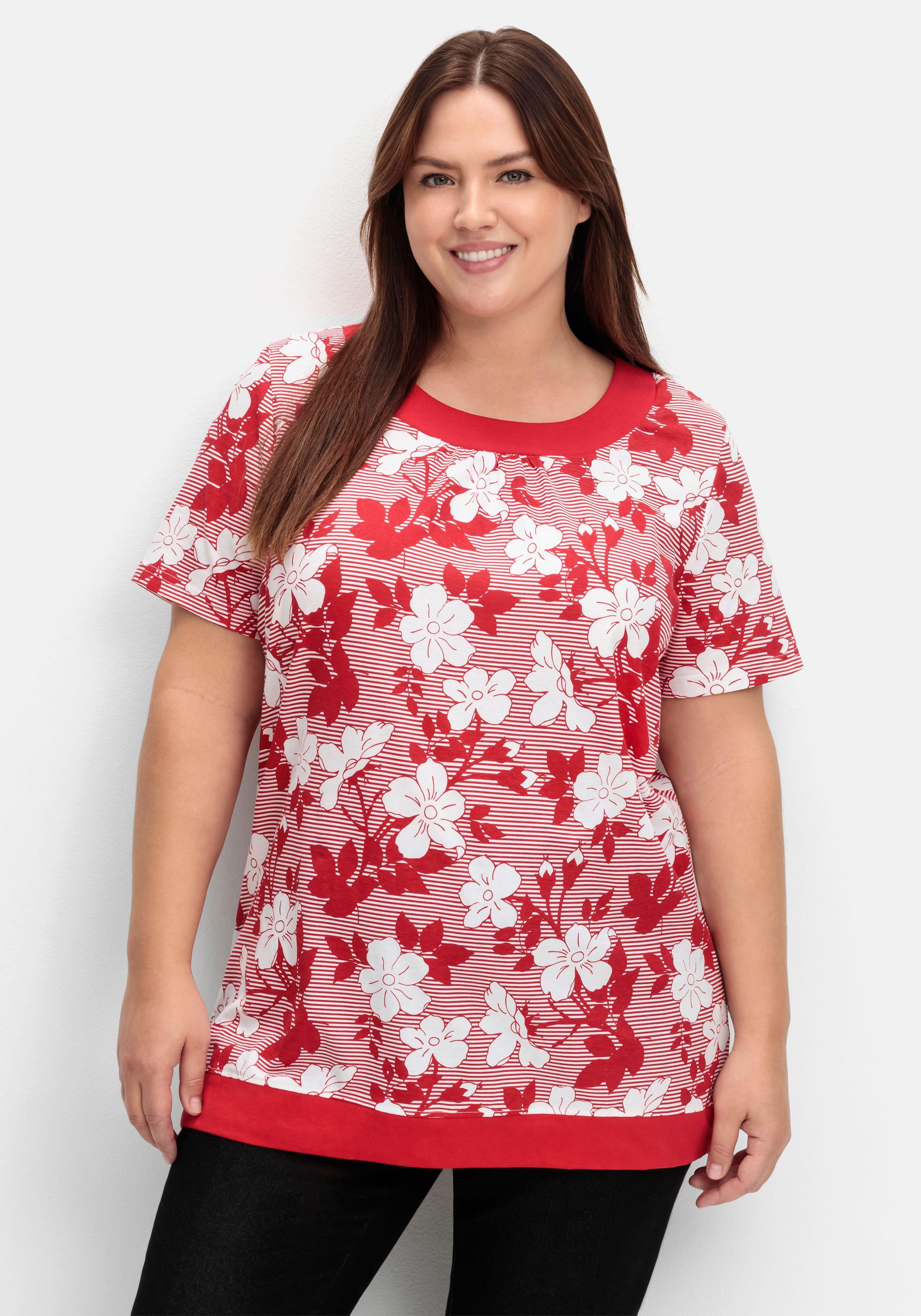 Shirt in leichter A-Linie, mit Blumendruck und Streifen