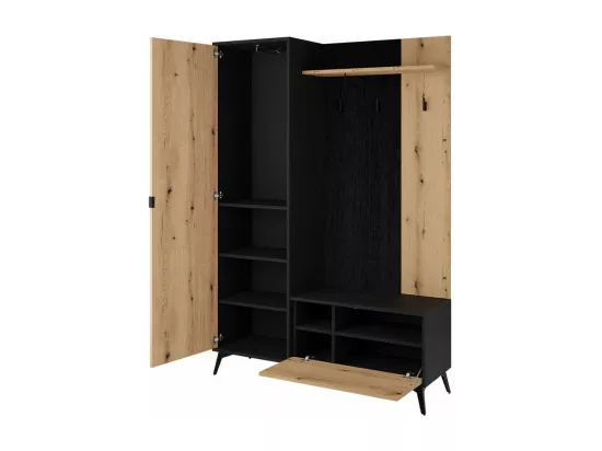 Meuble d'entrée Alelmo 110, 197x134x39cm, Miroir, Noir|Chêne clair, Stratifié, À poser