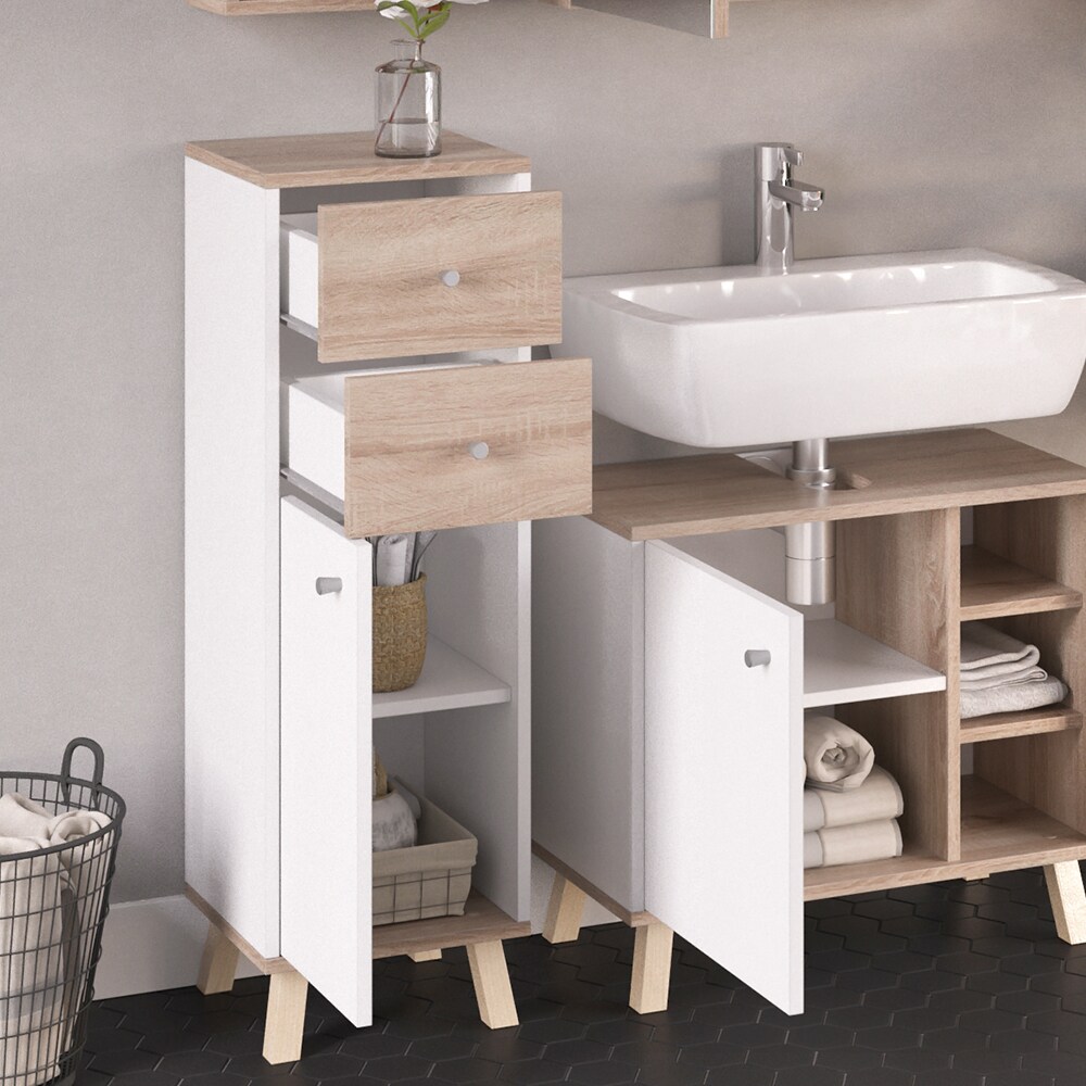 Vicco Midischrank Badschrank Badregal Senyo Sonoma/Weiß 2 Schubladen Badmöbel