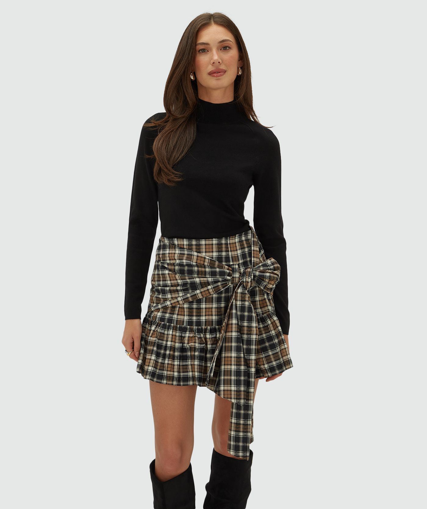 JV-DREYA high waisted mini rok met check print - black check