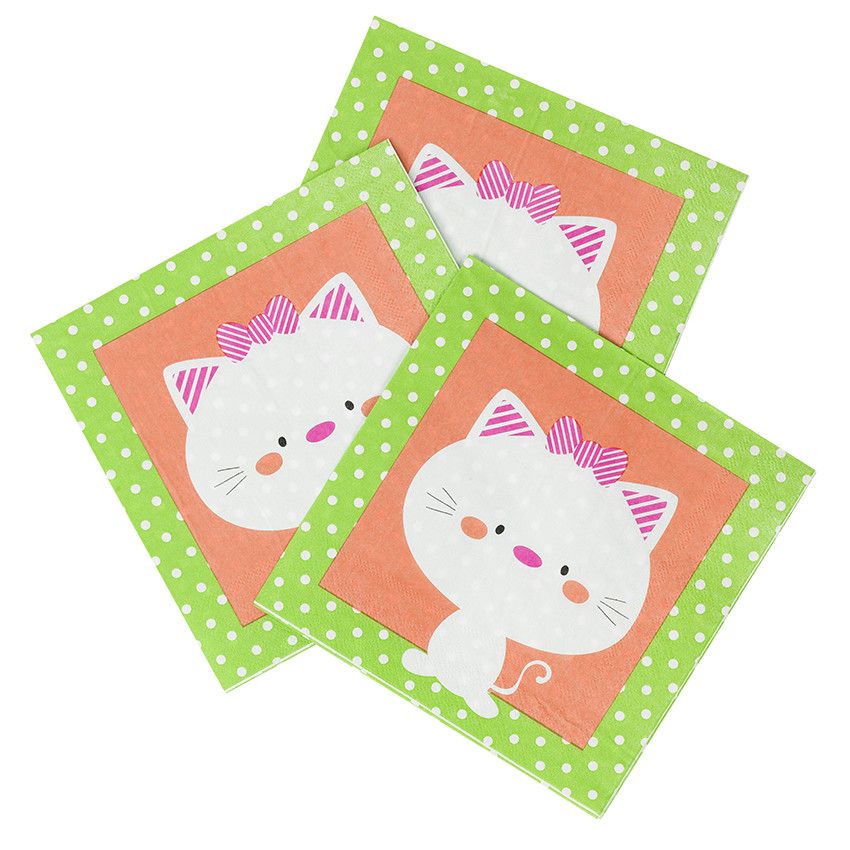 Lot de 20 serviettes d'anniversaire en papier motif chat - Bleu ou Jaune