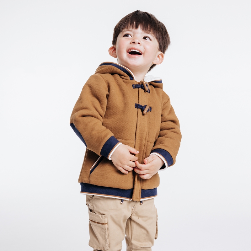 Manteau-pull maille fourré à capuche marron bébé garçon
