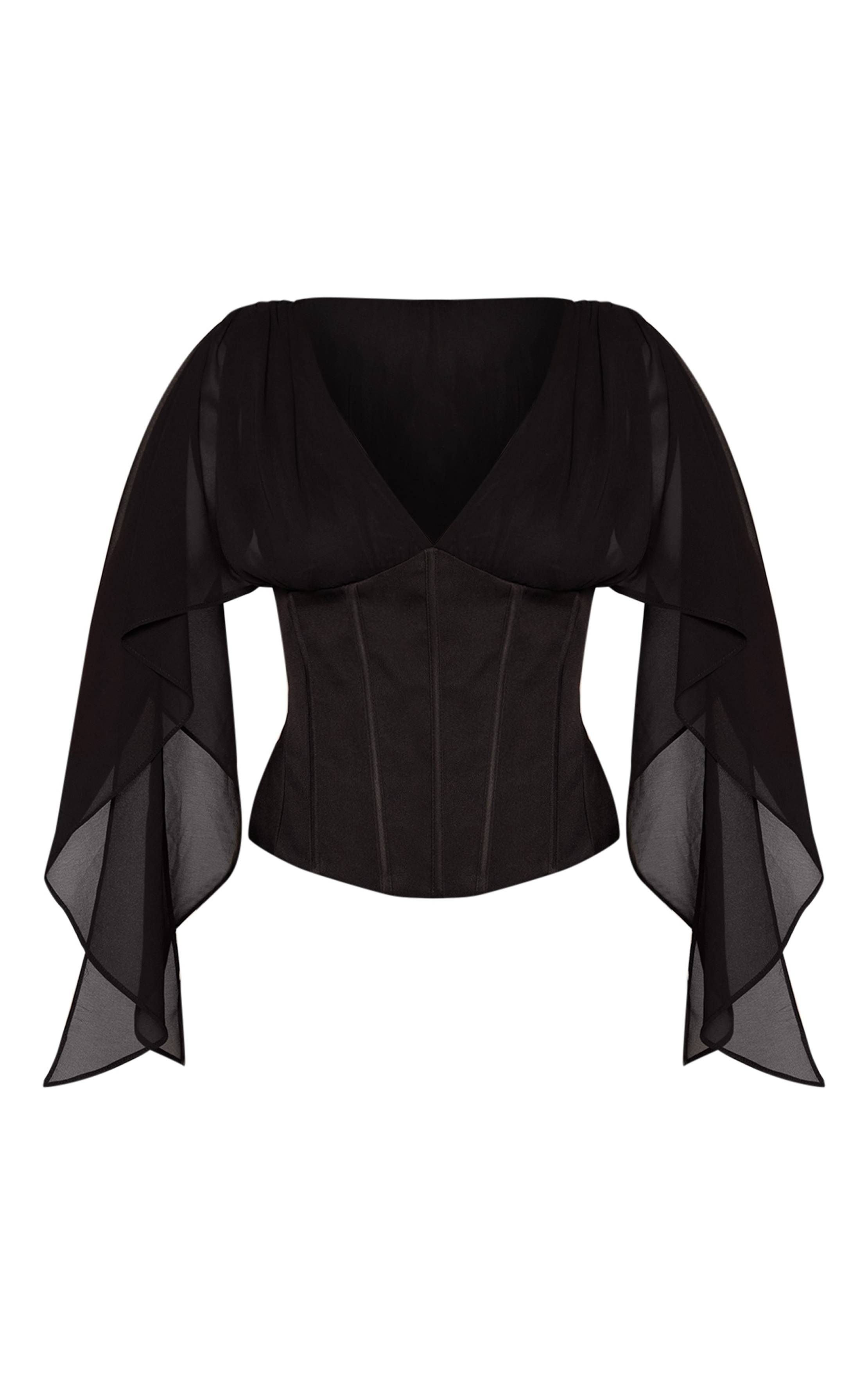 Noir Haut Petite En Mousseline À Manches Drapées Et Taille Corset