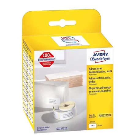 Avery Zweckform AS0722520 Rollenetiketten Adressaufkleber 25 x 54 mm, 1 Rolle/500 Etiketten, weiß