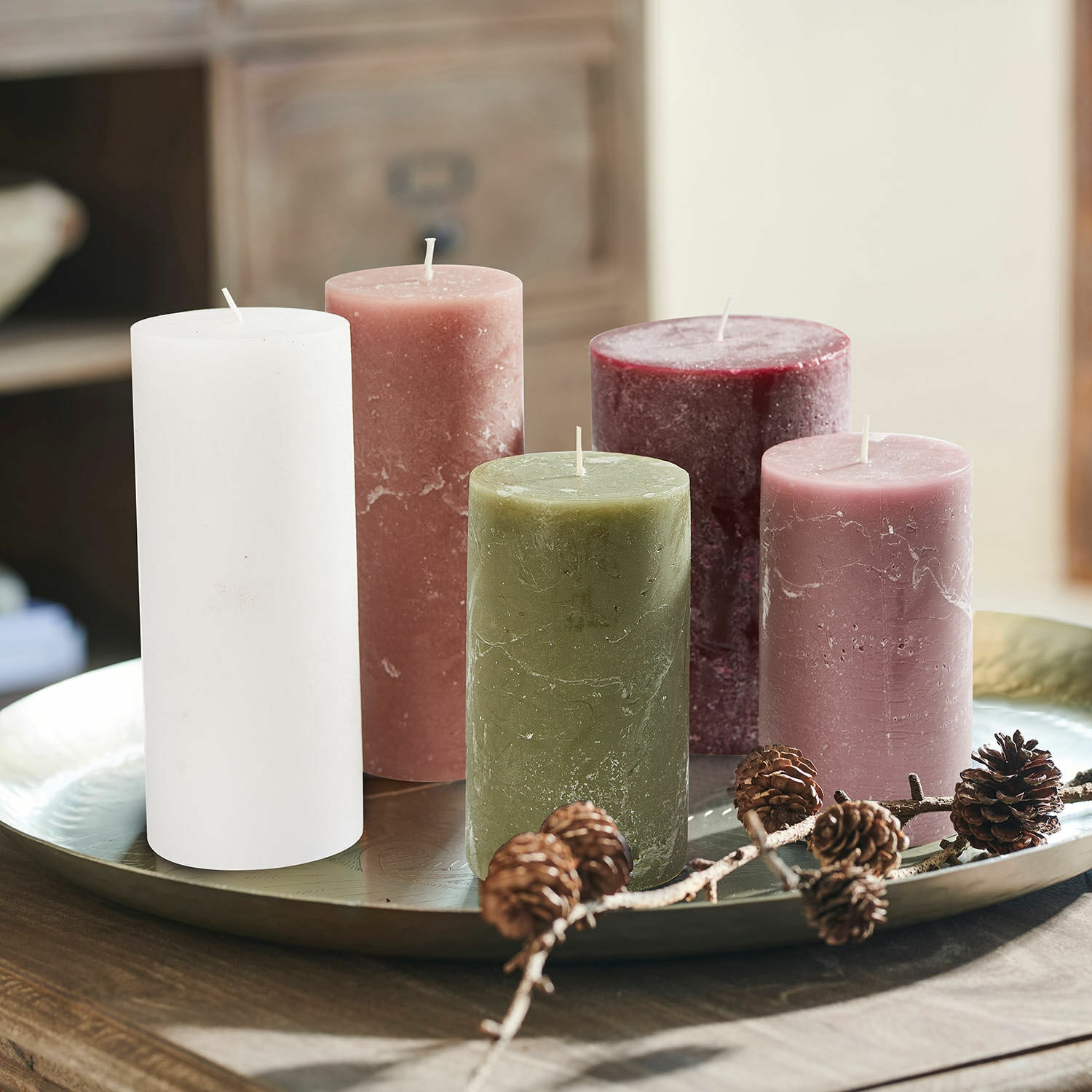 Kerze 5er Set Panagra creme/rosa/grün
