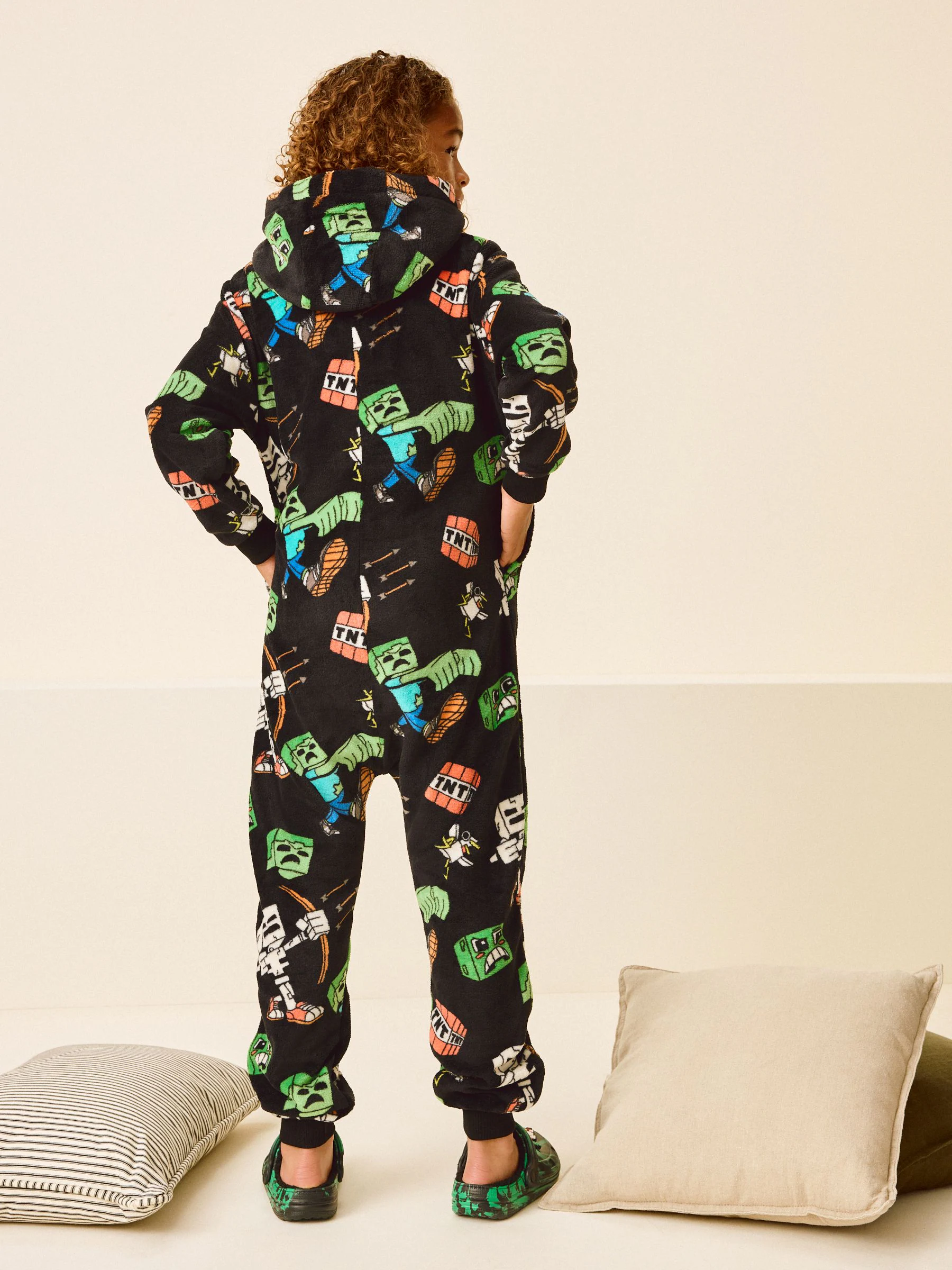 Zwart/groen Minecraft - Fleece onesie (5-14 jr)