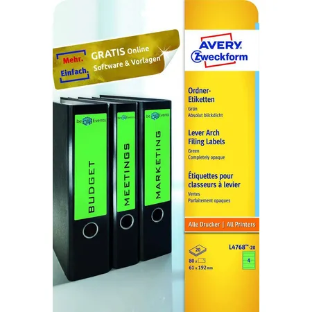 Avery Zweckform L4768-20 Ordnerrücken Etiketten A4, mit ultragrip, 61 x 192 mm, breit/kurz, 20 Bogen/80 Etiketten, grün