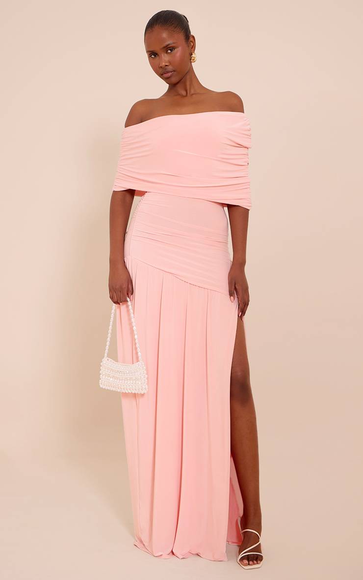Rose Pâle Robe Longue Froncée À Double Couche Slinky Bardot Asymétrique